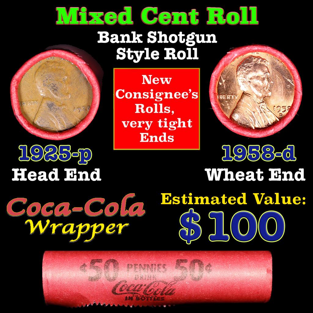 Mixed small cents 1c orig shotgun roll, 1958-d Lincoln Cent, 1925-p Lincoln Cent other end, Coca: Mixed small cents 1c orig shotgun roll, 1958-d Lincoln Cent, 1925-p Lincoln Cent other end, Coca Cola Brandt Wrapper.. The roll is held in an old Rare & Collectable Brinks 'Only Brinks Can Open This S