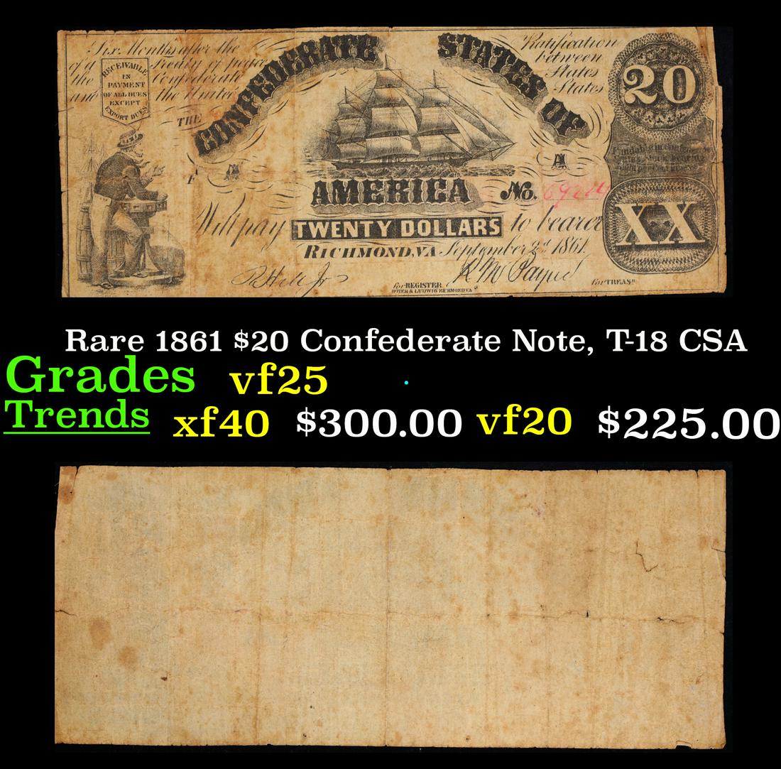 Rare 1861 $20 Confederate Note, T-18 CSA Grades vf+ (1 of 3)
