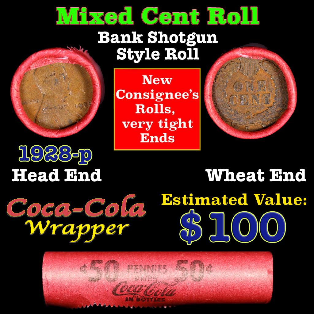 Mixed small cents 1c orig shotgun roll, 1928-p Lincoln Cent, Wheat Cent other end, Coca Cola Brandt: Mixed small cents 1c orig shotgun roll, 1928-p Lincoln Cent, Wheat Cent other end, Coca Cola Brandt Wrapper.. The roll is held in an old Rare & Collectable Brinks 'Only Brinks Can Open This Safe, Chic