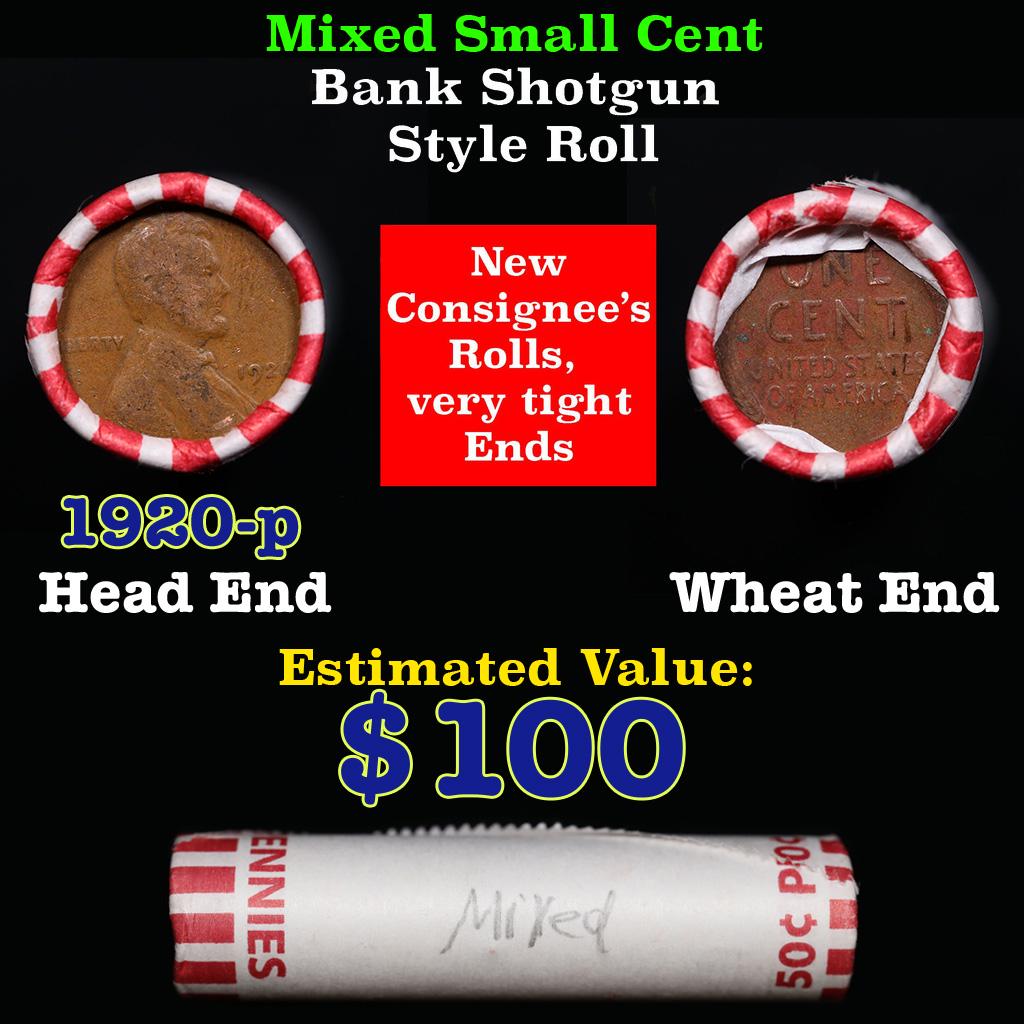 Mixed small cents 1c orig shotgun roll, 1920-p Lincoln Cent, Wheat Cent other end, Nathan's Brandt: Mixed small cents 1c orig shotgun roll, 1920-p Lincoln Cent, Wheat Cent other end, Nathan's Brandt Wrapper.. The roll is held in an old Rare & Collectable Brinks 'Only Brinks Can Open This Safe, Chica