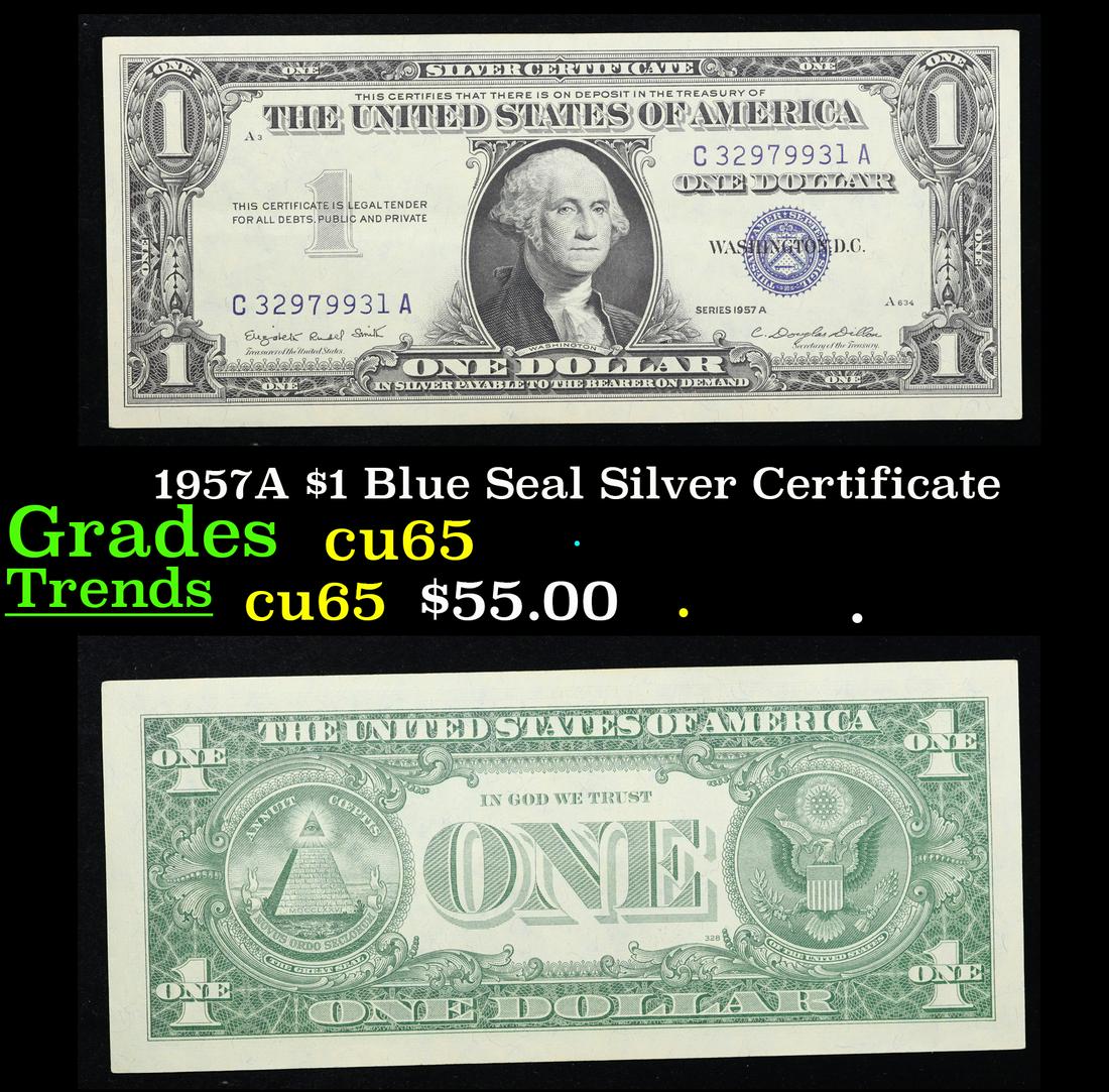 1957A $1 Blue Seal Silver Certificate Grades Gem CU: 1957A $1 Blue Seal Silver Certificate Grades Gem CU. Silver Certificates were redeemable in Silver. One of their most distinctive qualities is the blue Treasury seal and serial numbers. These notes in