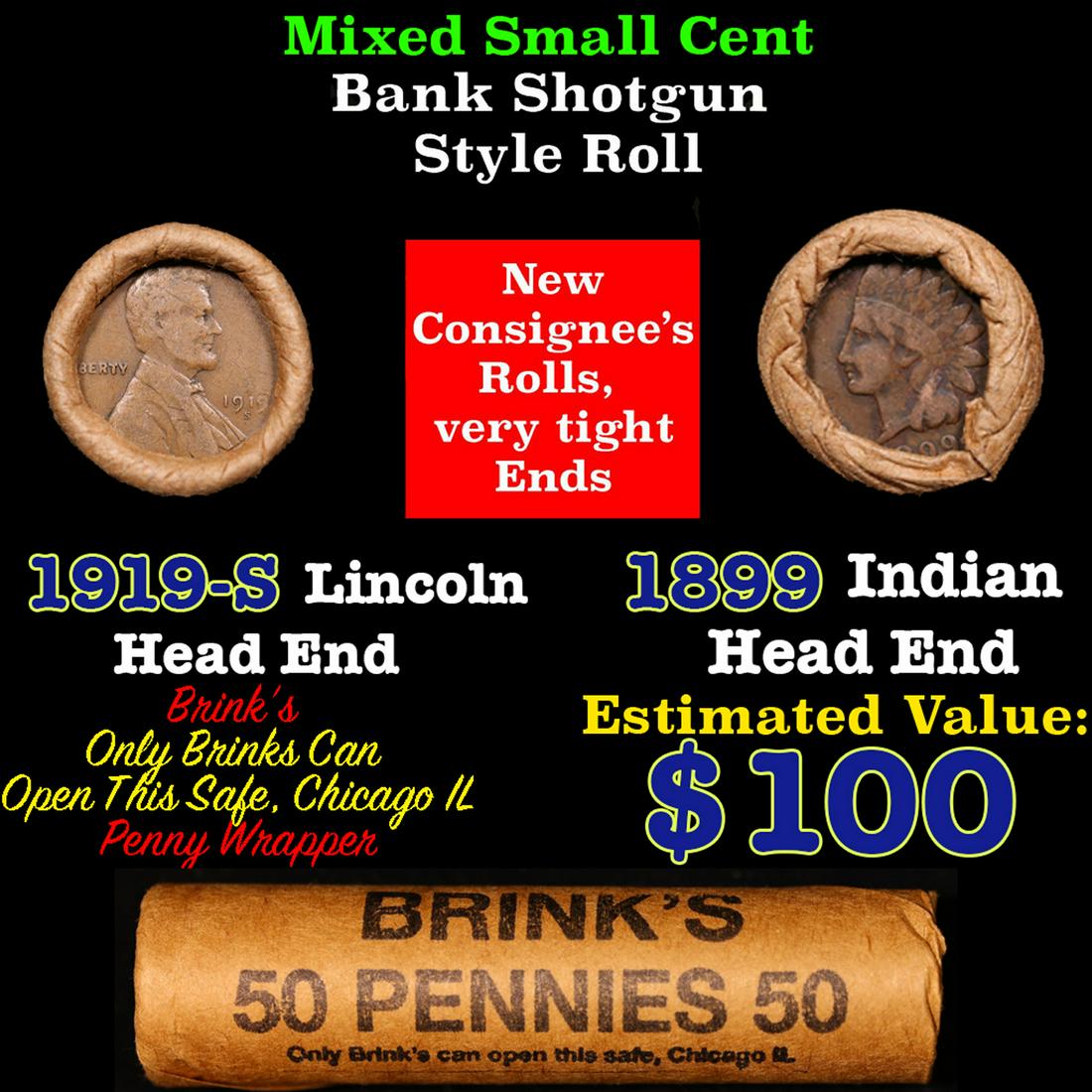 Mixed small cents 1c orig shotgun roll, 1919-s Lincoln Cent, 1899 Indian Cent other end, Nathan's: Mixed small cents 1c orig shotgun roll, 1919-s Lincoln Cent, 1899 Indian Cent other end, Nathan's Brandt Wrapper.. The roll is held in an old Rare & Collectable Brinks 'Only Brinks Can Open This Safe,