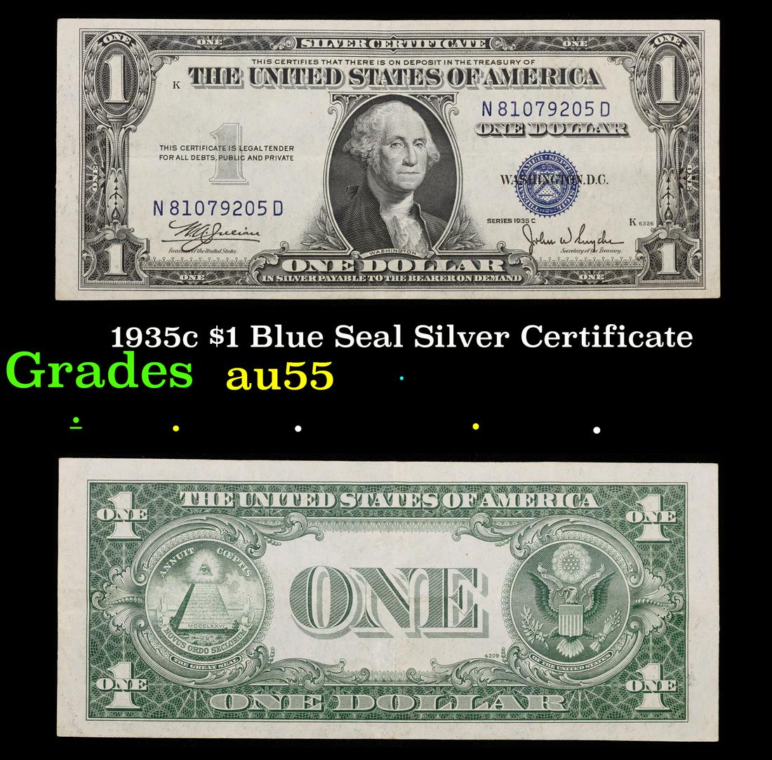1935c $1 Blue Seal Silver Certificate Grades Choice AU: 1935c $1 Blue Seal Silver Certificate Grades Choice AU. Silver Certificates were redeemable in Silver. One of their most distinctive qualities is the blue Treasury seal and serial numbers. These notes
