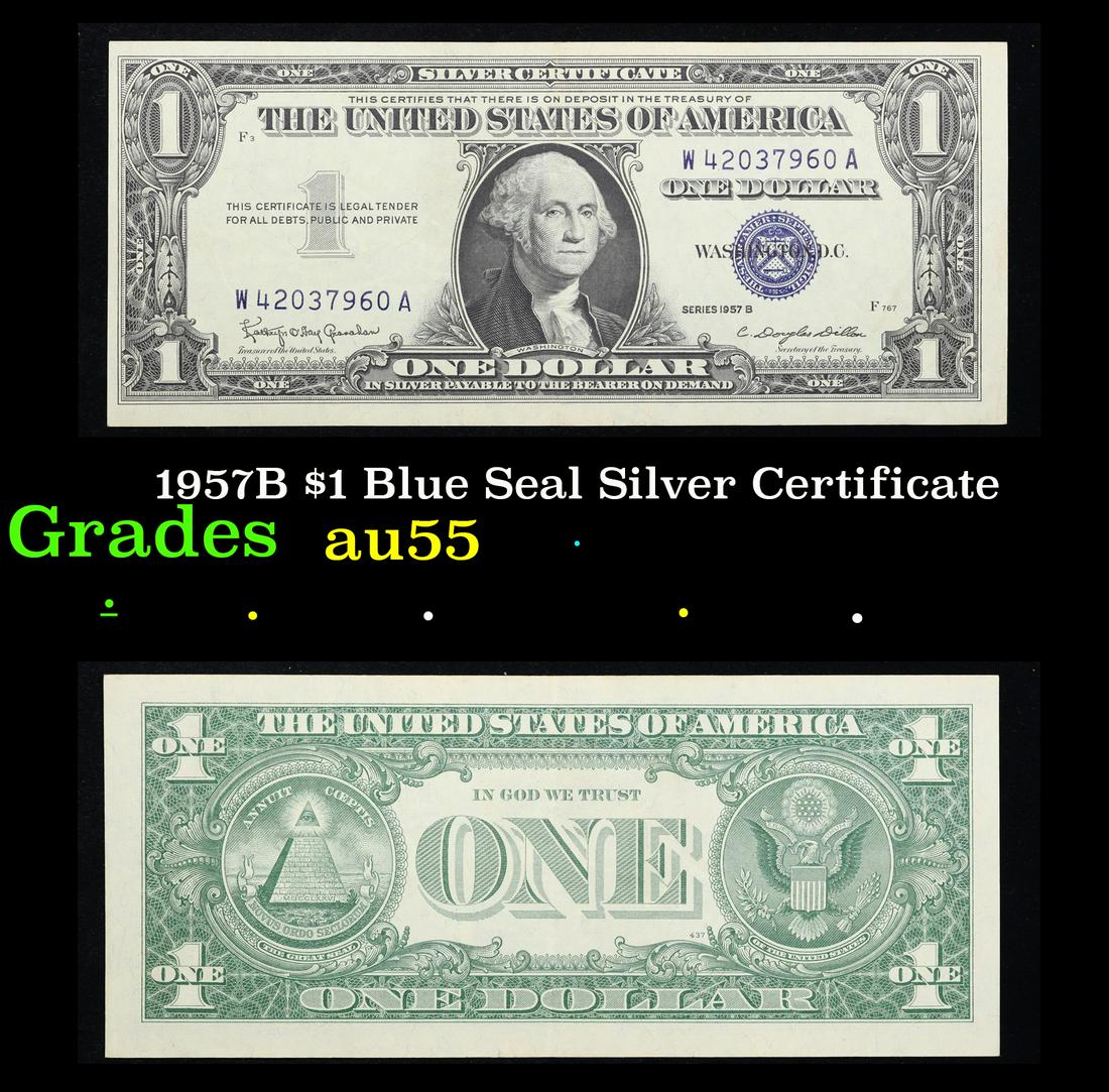1957B $1 Blue Seal Silver Certificate Grades Choice AU: 1957B $1 Blue Seal Silver Certificate Grades Choice AU. Silver Certificates were redeemable in Silver. One of their most distinctive qualities is the blue Treasury seal and serial numbers. These notes