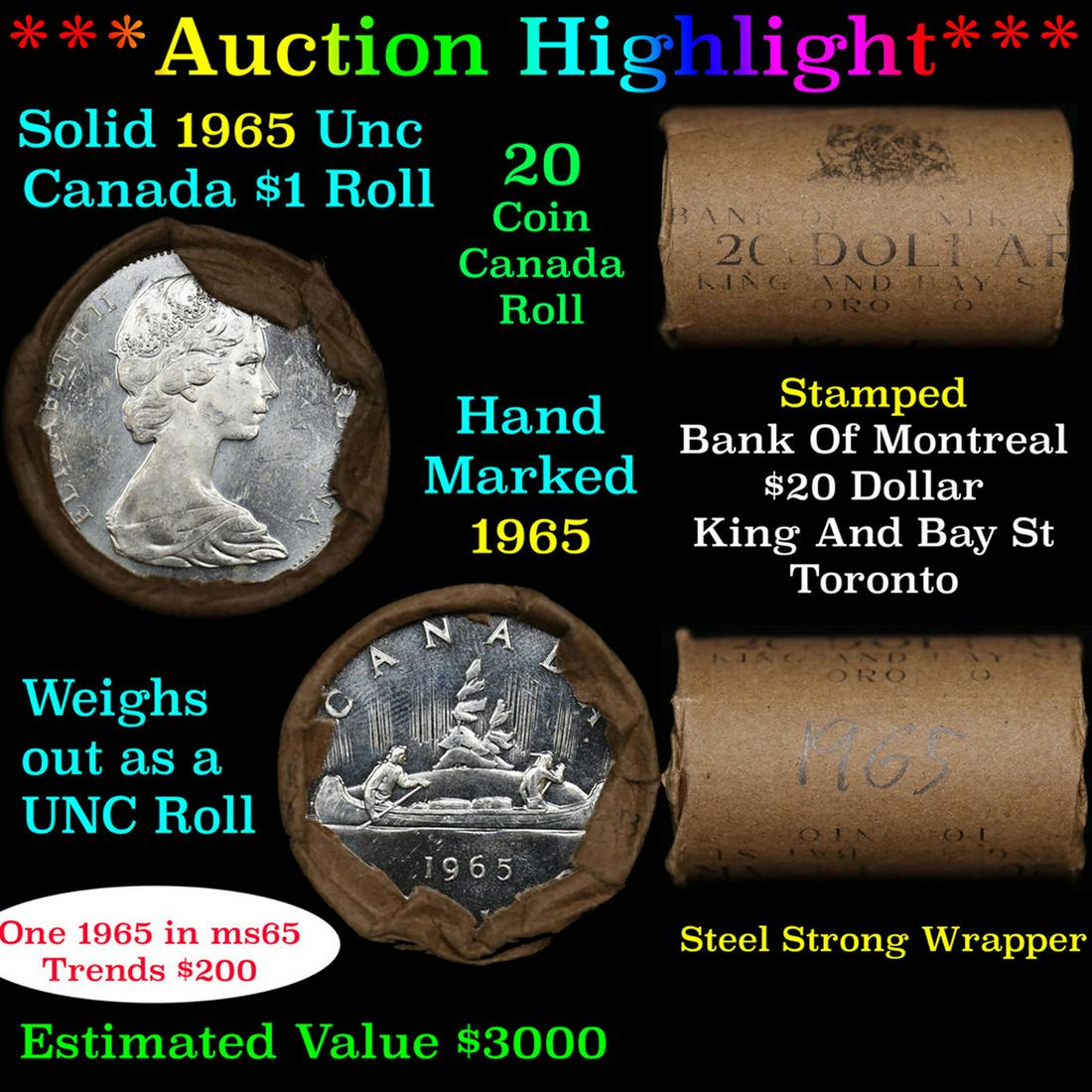 ***Auction Highlight*** Full Roll of Silver 1965 Canadian Dollar with Queen Elizabeth II, 20 Coins (1 of 5)