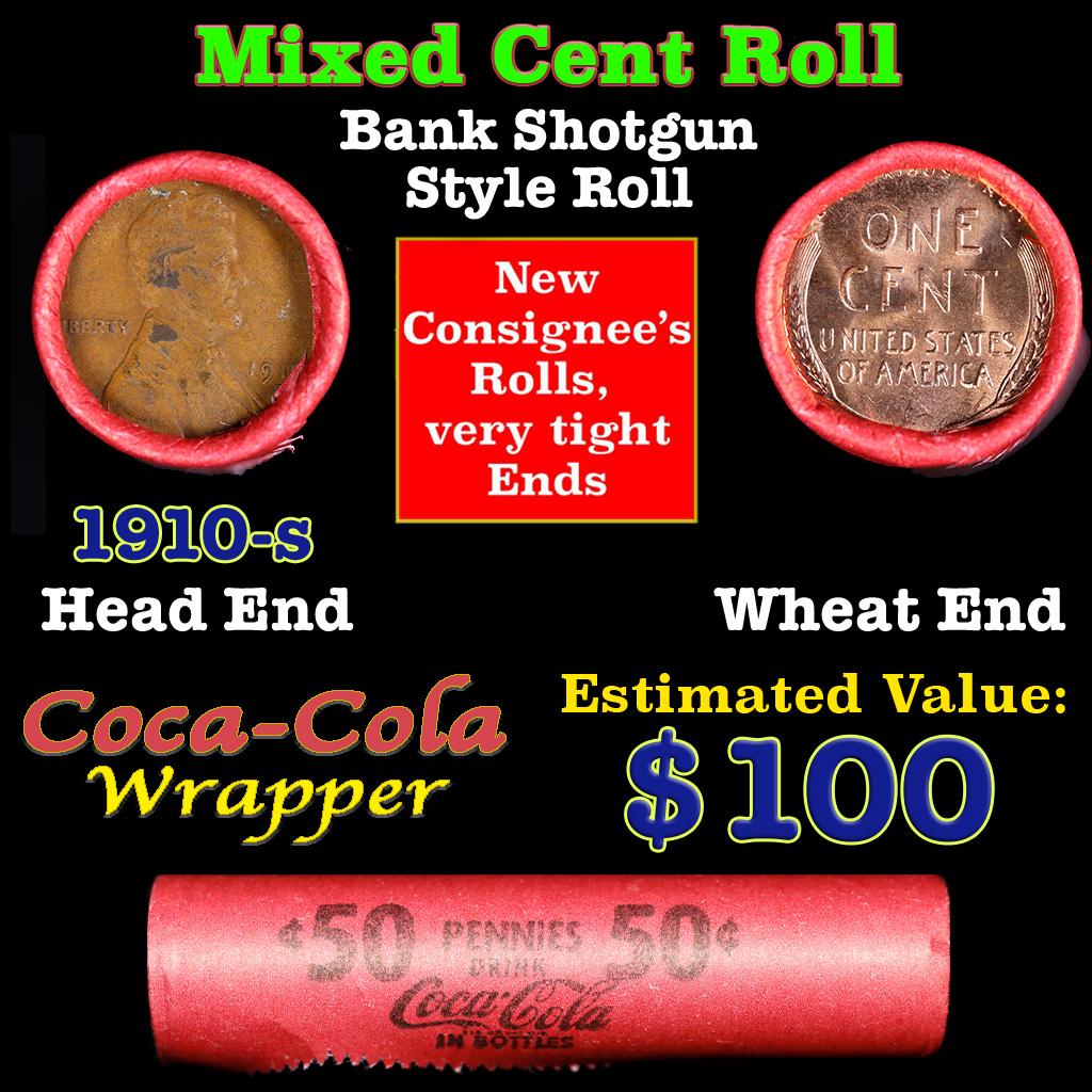Mixed small cents 1c orig shotgun roll, 1919-s Lincoln Cent, Wheat Cent other end, Coca Cola Brandt (1 of 3)