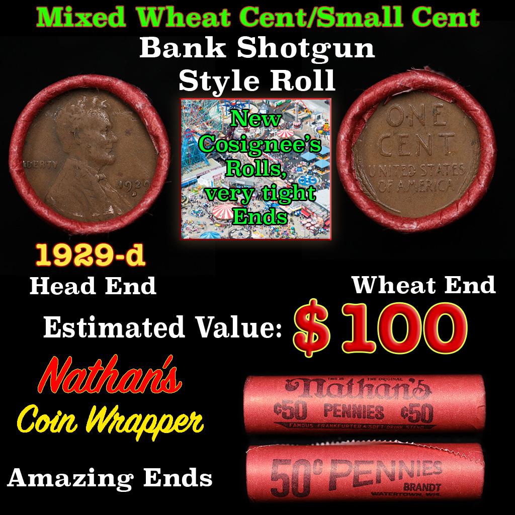 Mixed small cents 1c orig shotgun roll, 1929-d Lincoln Cent, Wheat Cent other end, Nathan's Brandt (1 of 3)