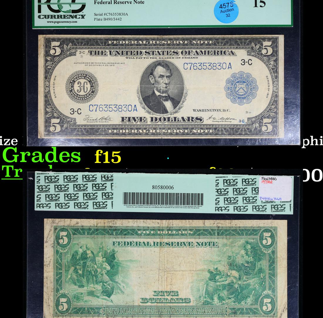 PCGS 1914 $5 Large Size Blue Seal Federal Reserve Note, Philadelphia, PA 3-C FR-855a Graded f15 By (1 of 3)