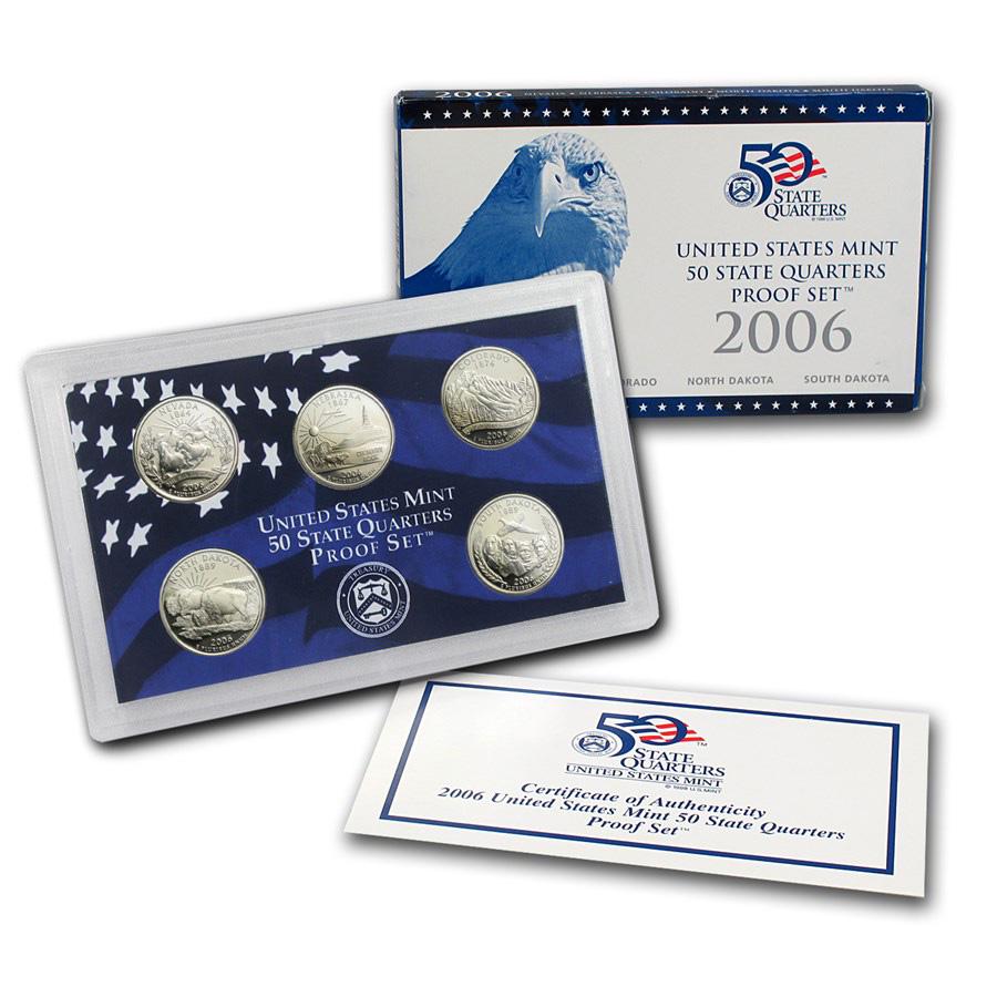 2006 United States Mint Proof Set, 10 Coins Inside!: 2006 United States Mint Proof Set, 10 Coins Inside!. Original packaging: The 2006-S Proof Set comes in two cases. One case contains the Cent, Nickel, Dime, and Half Dollar; the other case contains the