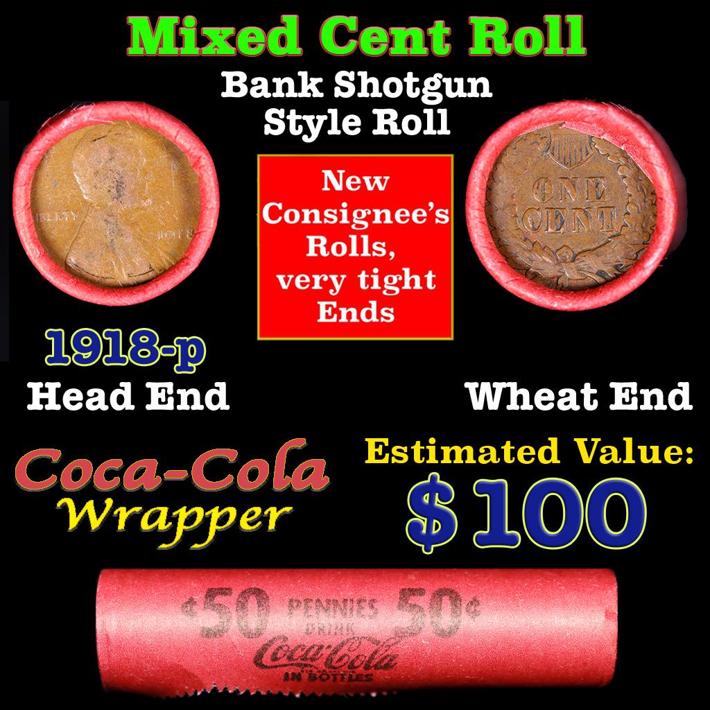 Mixed small cents 1c orig shotgun roll, 1918-p Lincoln Cent,Wheat Cent other end, Coca Cola Brandt (1 of 3)