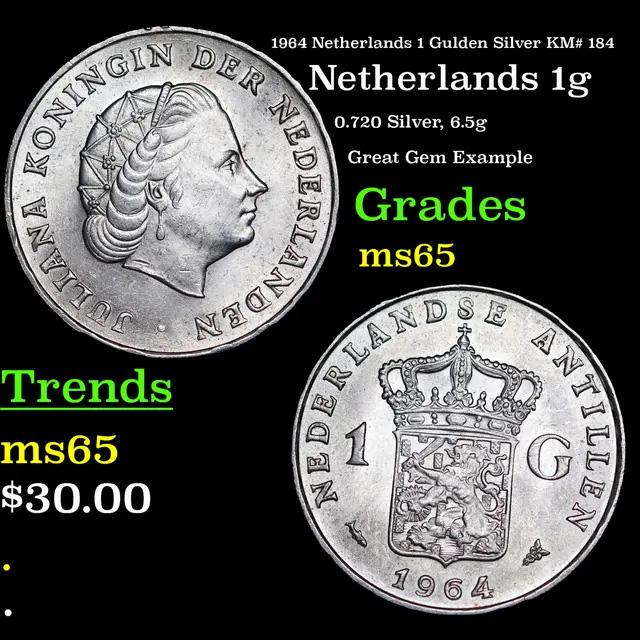 1964 Netherlands 1 Gulden Silver KM# 184 Grades GEM Unc (1 of 3)