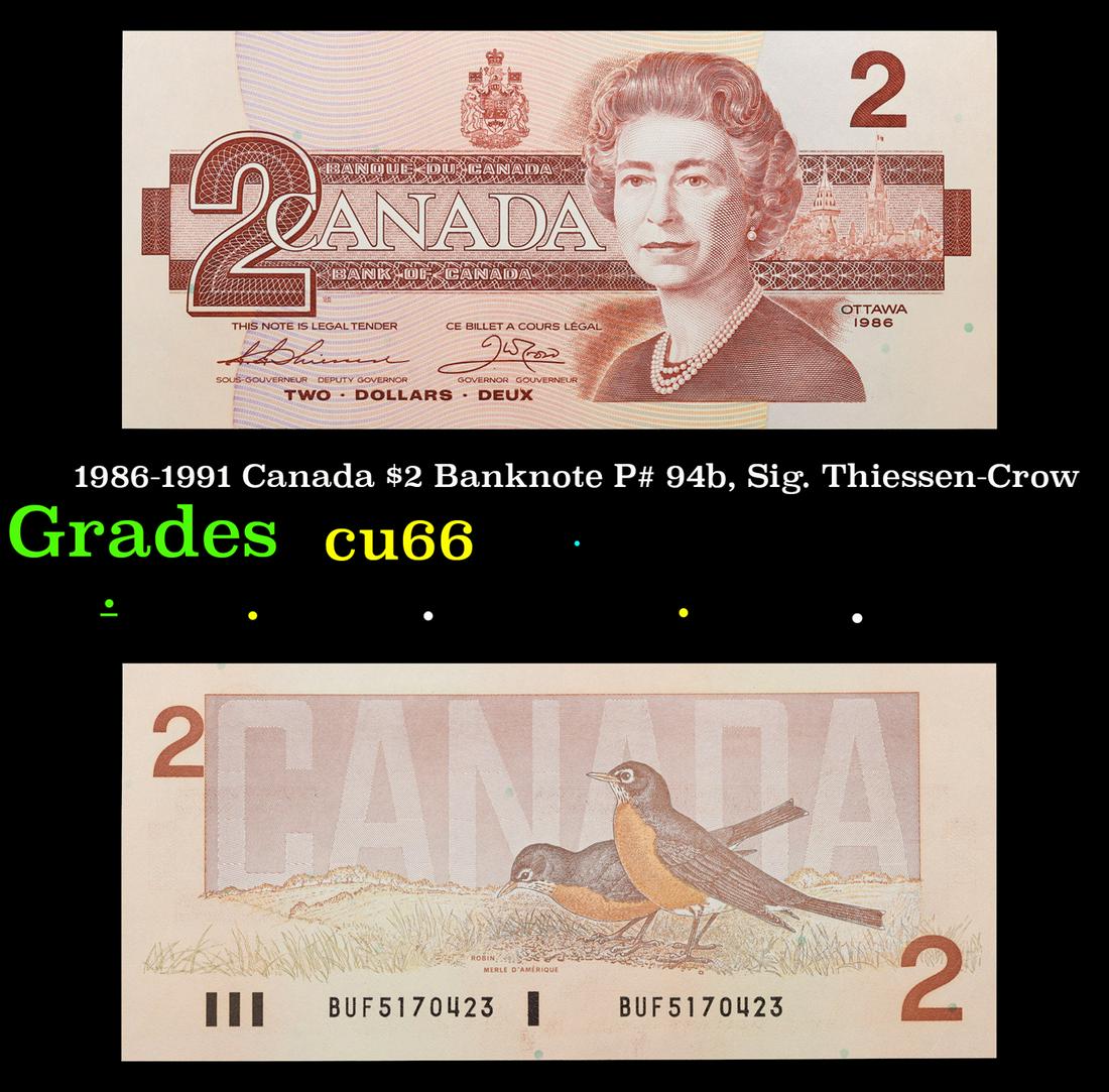1986-1991 Canada $2 Banknote P# 94b, Sig. Thiessen-Crow Grades Gem+ CU: 1986-1991 Canada $2 Banknote P# 94b, Sig. Thiessen-Crow Grades Gem+ CU.