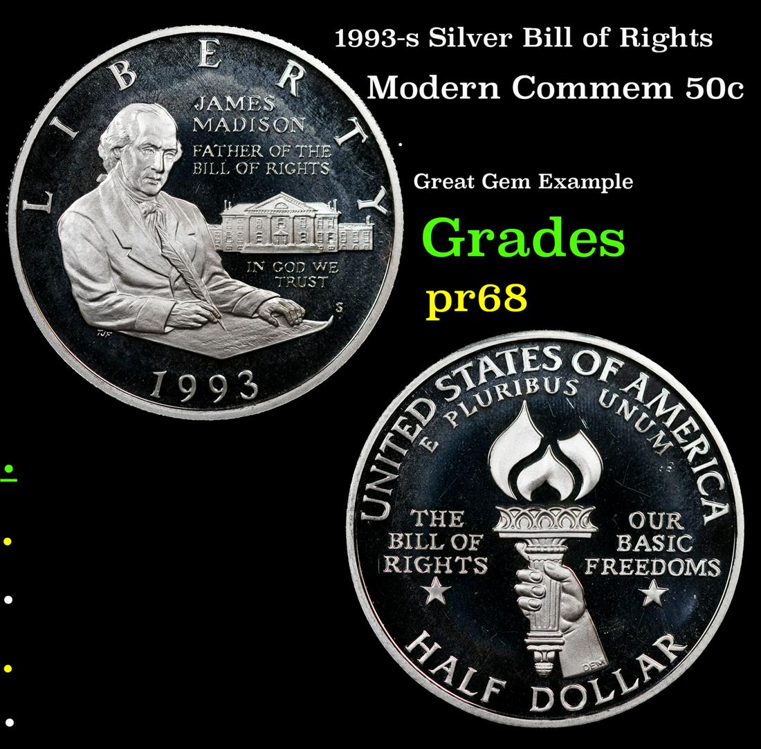 Proof 1993-s Silver Bill of Rights Modern Commem Half Dollar 50c Grades GEM Unc: 1993-s Silver Bill of Rights Modern Commem Half Dollar 50c Grades GEM Unc.
