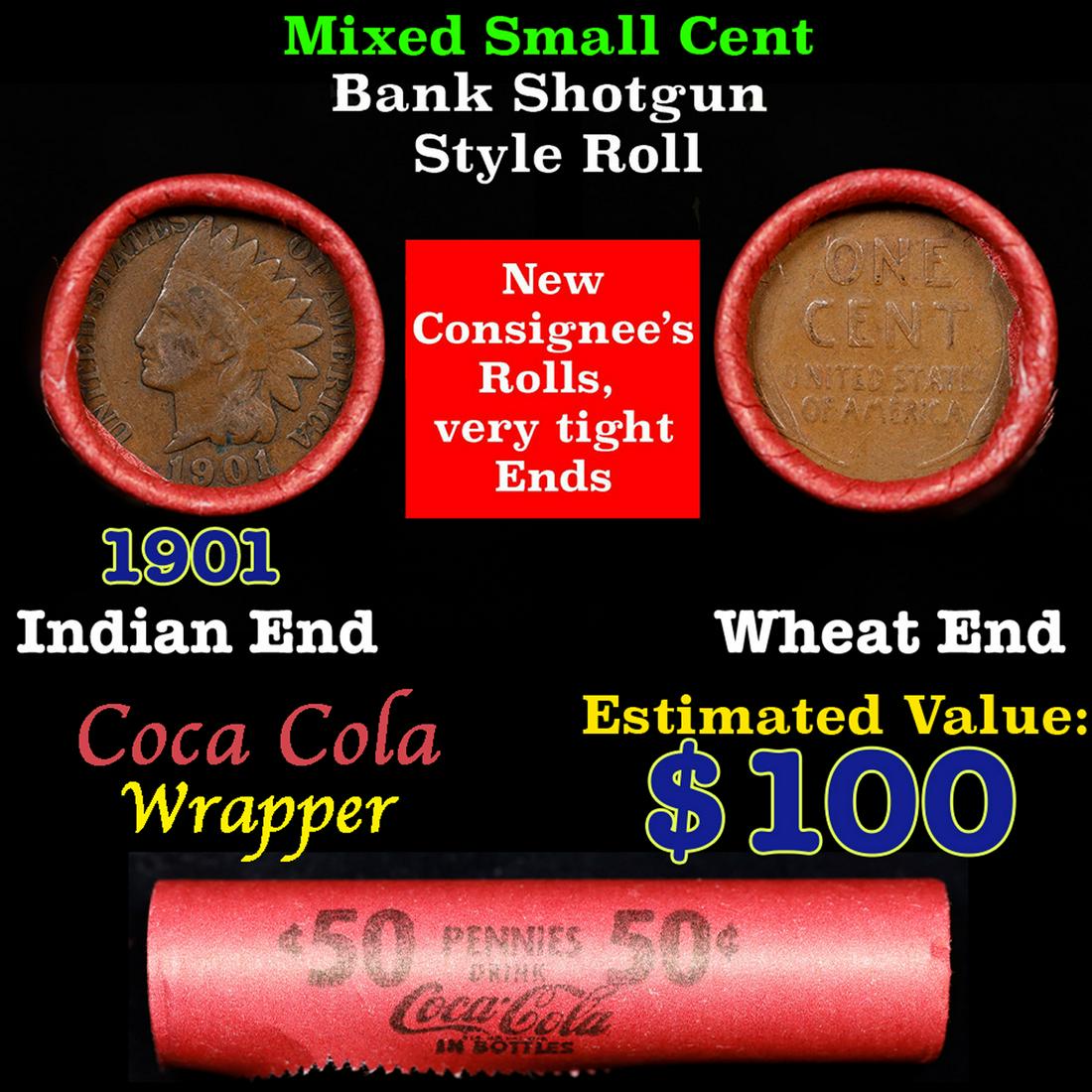 Mixed small cents 1c orig shotgun roll,Wheat Cent, 1901 Indian Cent other end, Coca Cola Brandt: Mixed small cents 1c orig shotgun roll,Wheat Cent, 1901 Indian Cent other end, Coca Cola Brandt Wrapper.. The roll is held in an old Rare & Collectable Brinks 'Only Brinks Can Open This Safe, Chicago
