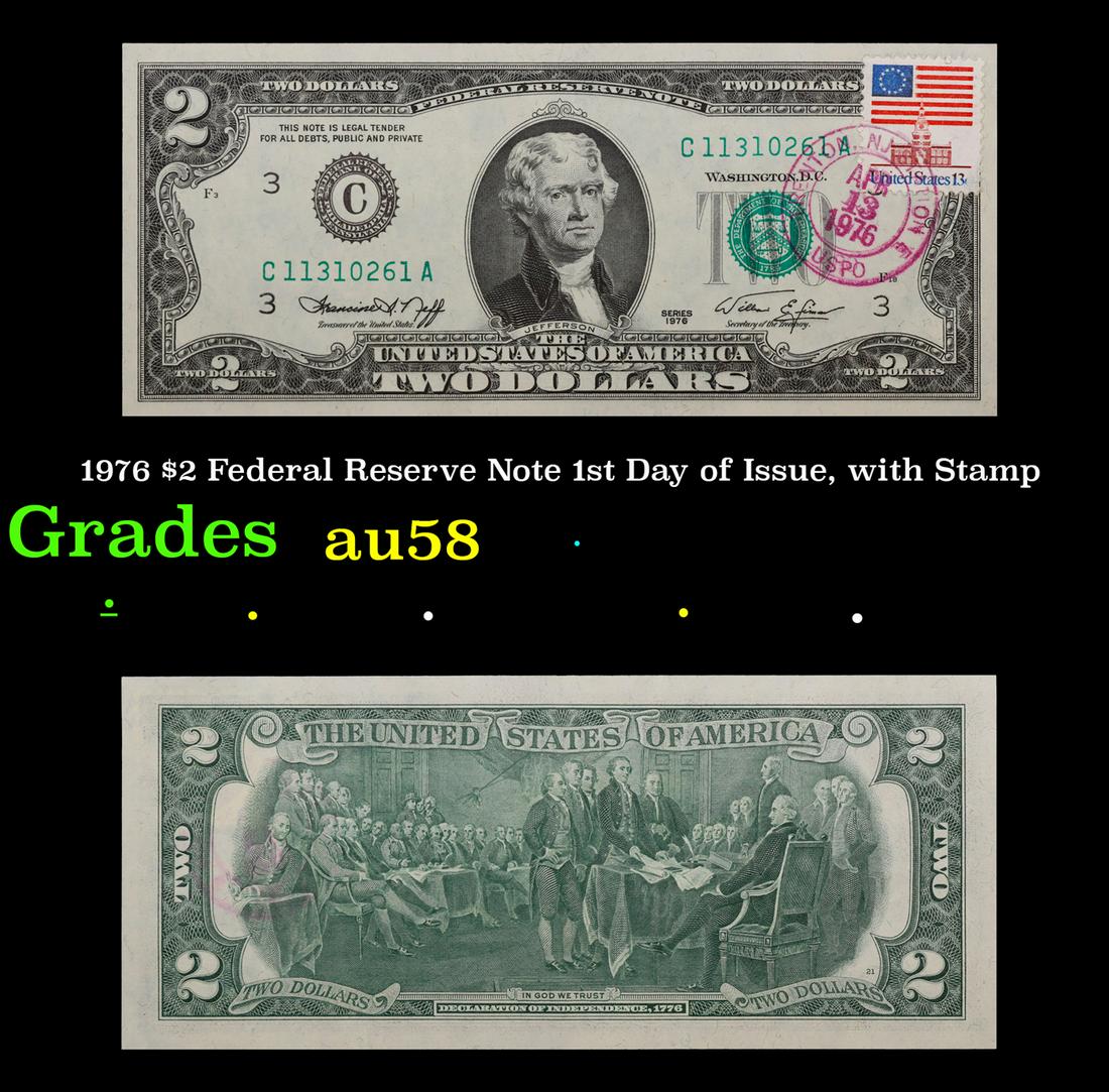 1976 $2 Federal Reserve Note 1st Day of Issue, with Stamp Grades Choice AU/BU Slider (1 of 3)