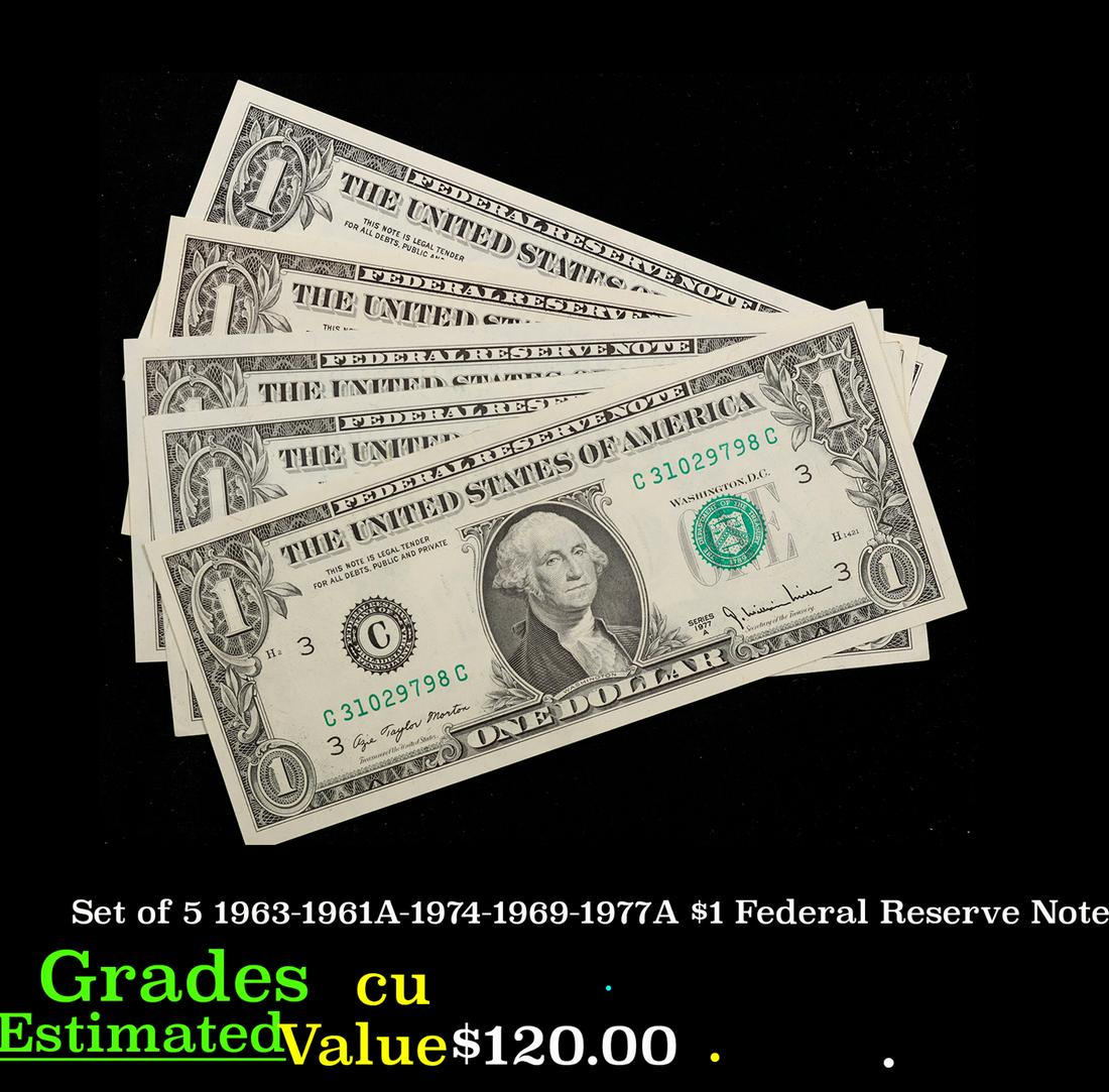 Set of 5 1963-1961A-1974-1969-1977A $1 Federal Reserve Note Grades CU (1 of 7)