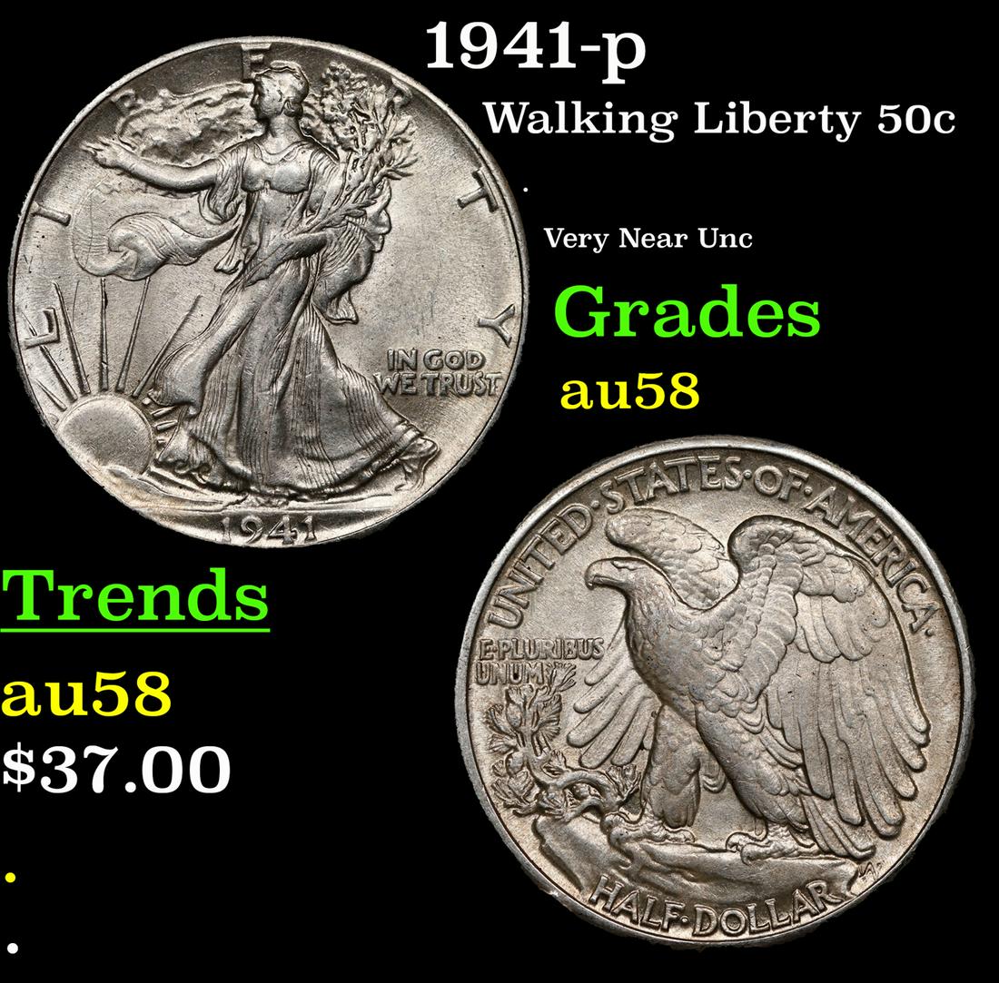 1941-p Walking Liberty Half Dollar 50c Grades Choice AU/BU Slider: 1941-p Walking Liberty Half Dollar 50c Grades Choice AU/BU Slider.
