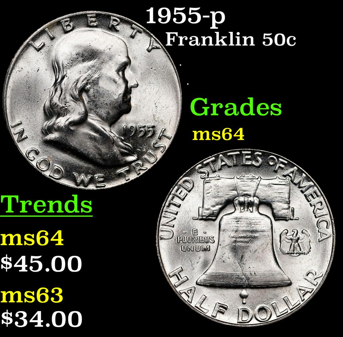 1955-p Franklin Half Dollar 50c Grades Choice Unc (1 of 3)