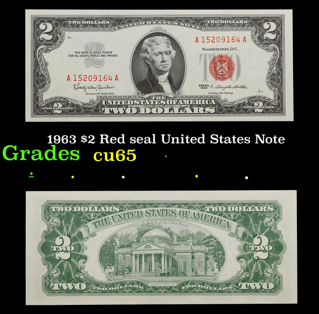 1963 $2 Red seal United States Note Grades Gem CU: 1963 $2 Red seal United States Note Grades Gem CU. 1963 Legal Tender (United States Note). 1963 marks the last year that red seals were printed on two dollar bills. This is also the last year that Mon
