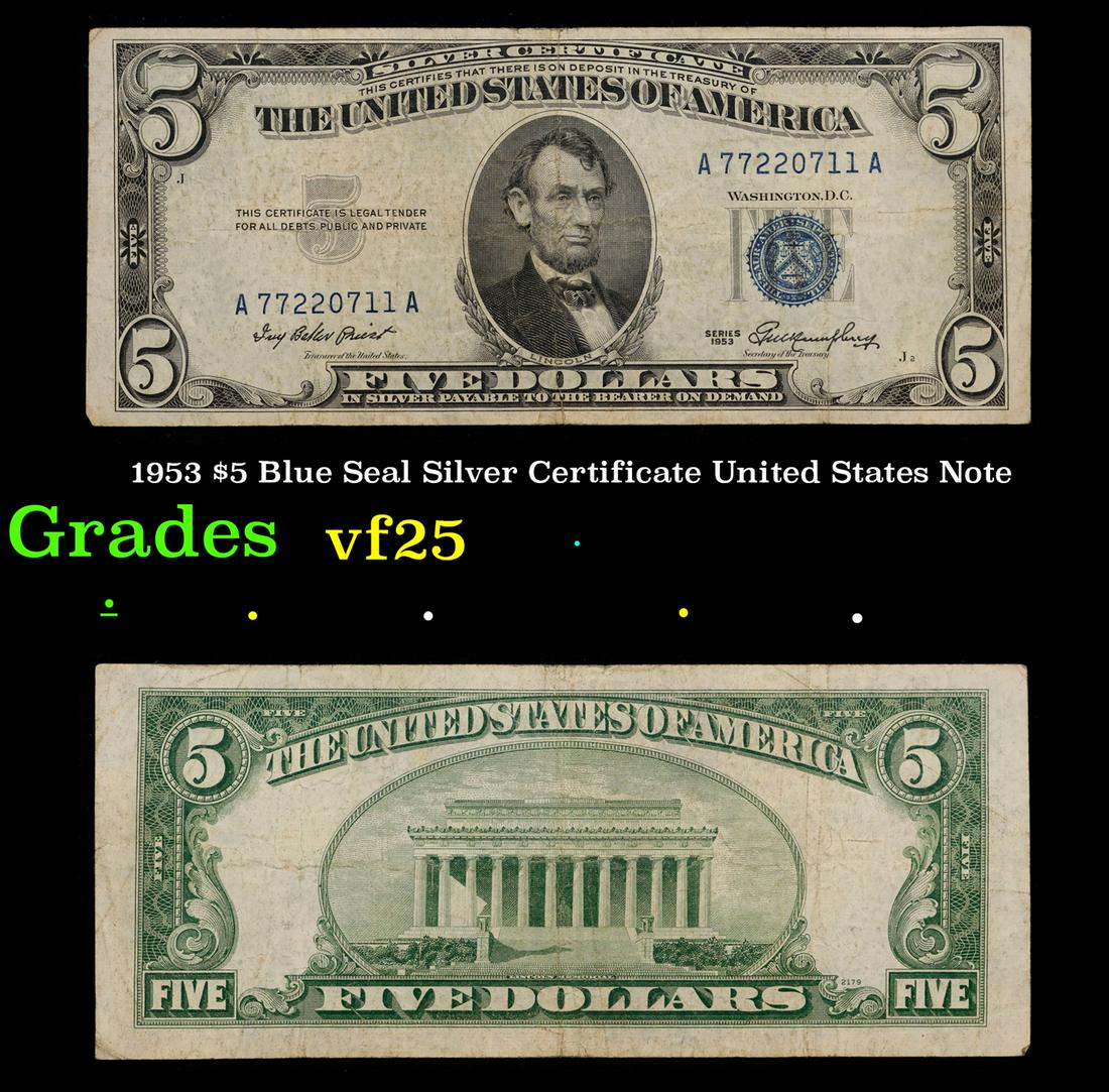 1953 $5 Blue Seal Silver Certificate United States Note Grades vf+ (1 of 3)