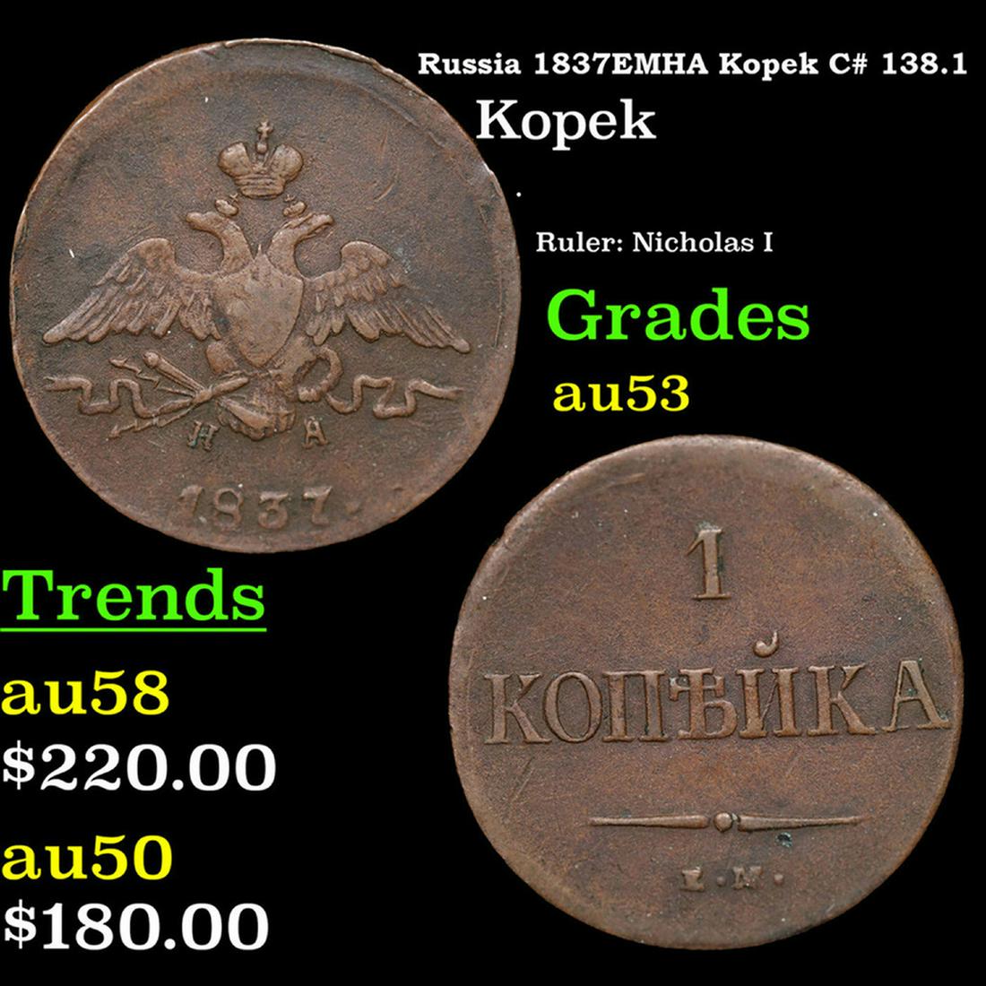 Russia 1837Ð•ÐœHA Kopek C# 138.1 Grades Select AU (1 of 3)