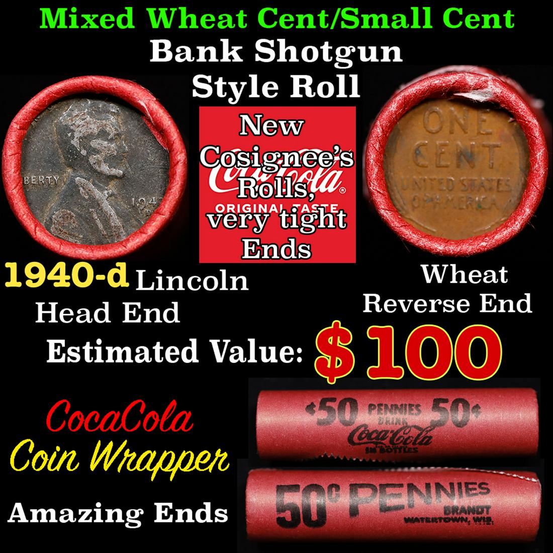 Mixed small cents 1c orig shotgun roll, 1943-d Steel Cent, Wheat Cent other end, Coca Cola Wrapper.: Mixed small cents 1c orig shotgun roll, 1943-d Steel Cent, Wheat Cent other end, Coca Cola Wrapper.. The roll is held in an old Rare & Collectable Brinks 'Only Brinks Can Open This Safe, Chicago IL' P