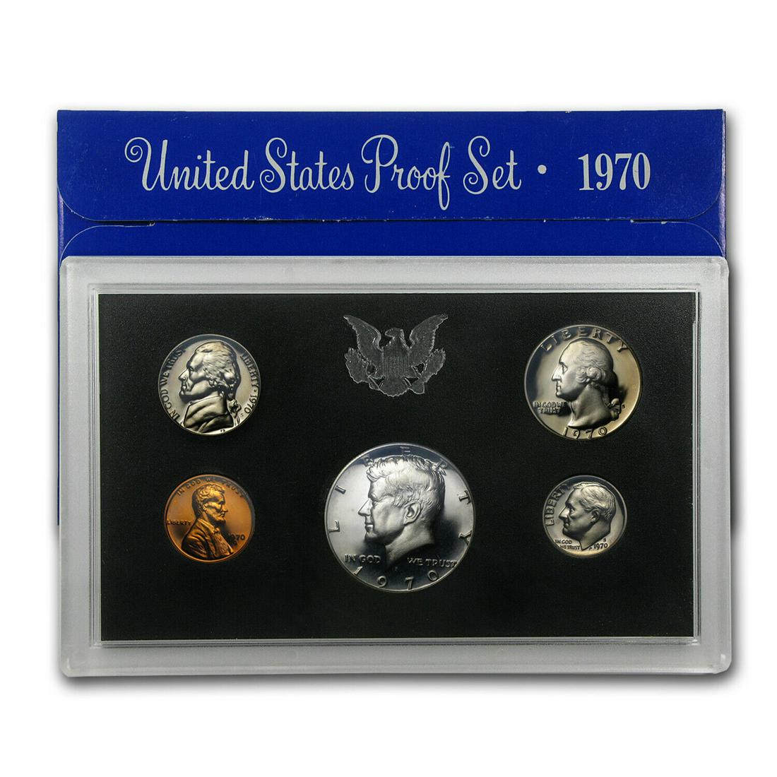 1970 United States Mint Proof Set, 5 Coins Inside!: 1970 United States Mint Proof Set, 5 Coins Inside!. Original packaging: The individual coins of the 1970-S Proof Set were placed into holes in a black plastic insert, then sealed in a two-piece, clear