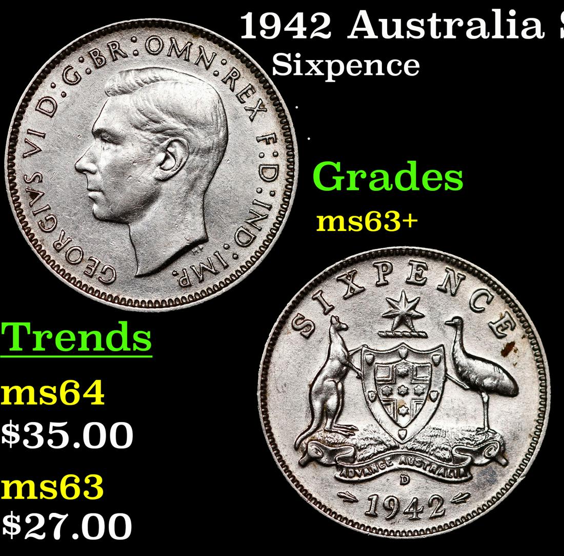 1942 Australia Sixpence Silver Coin Km 38 Grades Select+ Unc Auction