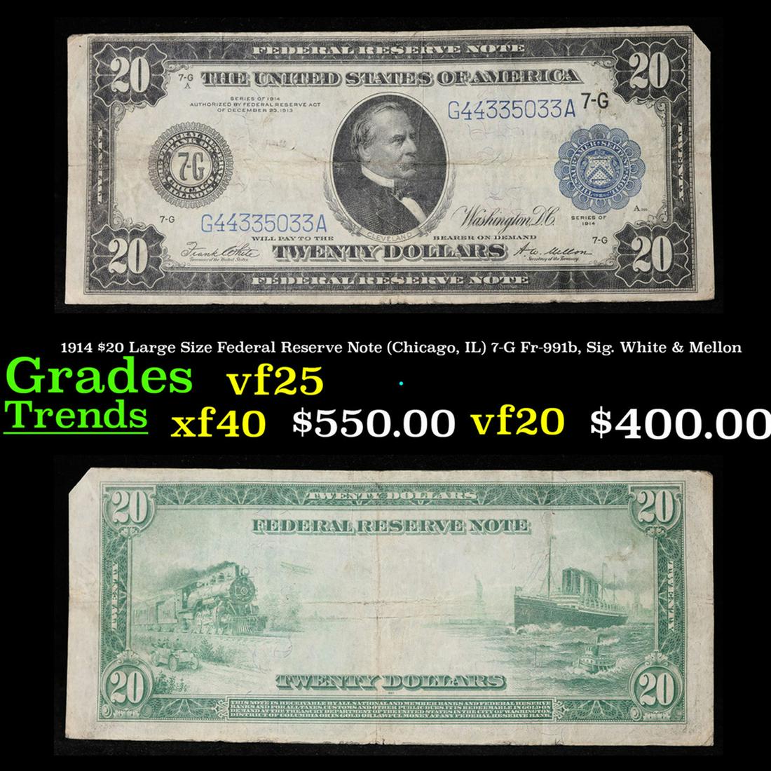 1914 $20 Large Size Federal Reserve Note (Chicago, IL) 7-G Fr-991b, Sig. White & Mellon Grades vf+ (1 of 3)