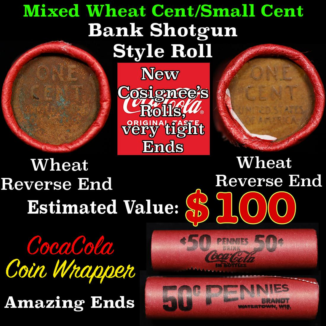 Mixed small cents 1c orig shotgun roll, 1917-s Lincoln Cent, Wheat Cent other end, Coca Cola: Mixed small cents 1c orig shotgun roll, 1917-s Lincoln Cent, Wheat Cent other end, Coca Cola Wrapper.. The roll is held in an old Rare & Collectable Brinks 'Only Brinks Can Open This Safe, Chicago IL'
