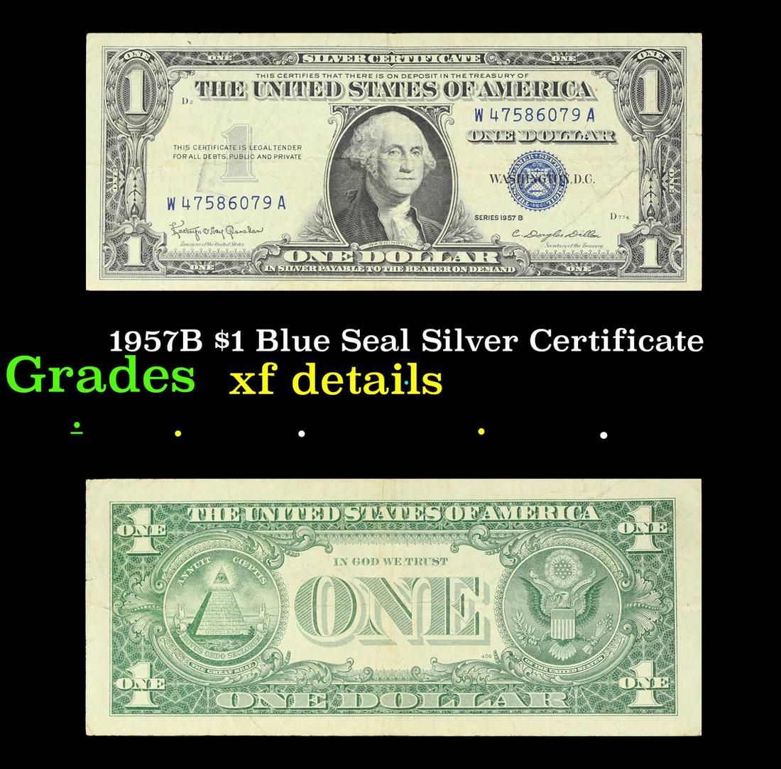1957 $1 Blue Seal Silver Certificate Grades xf details: 1957 $1 Blue Seal Silver Certificate Grades xf details. Silver Certificates were redeemable in Silver. One of their most distinctive qualities is the blue Treasury seal and serial numbers. These notes