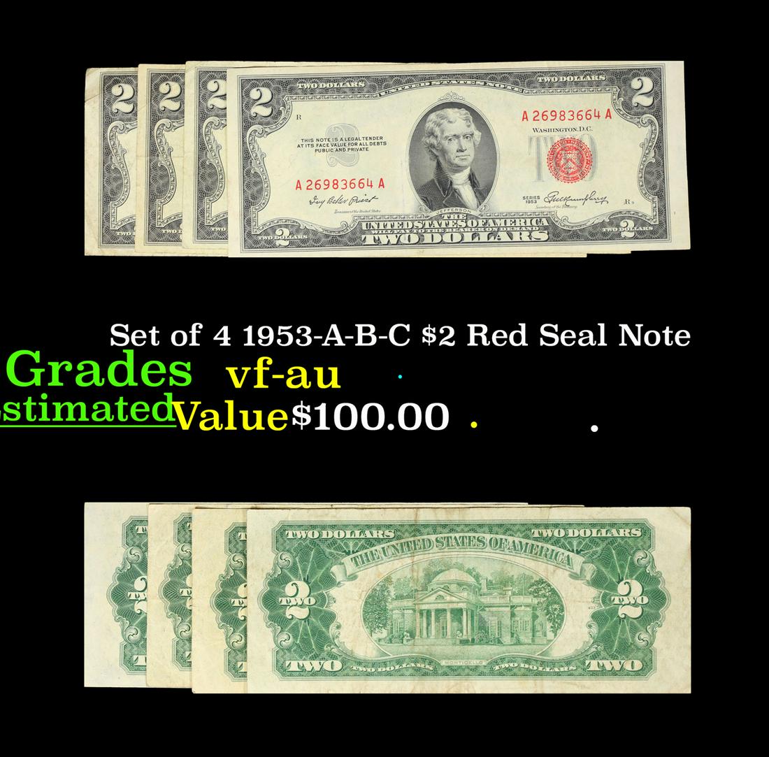 Set of 4 1953-A-B-C $2 Red Seal Note Grades vf-au (1 of 7)