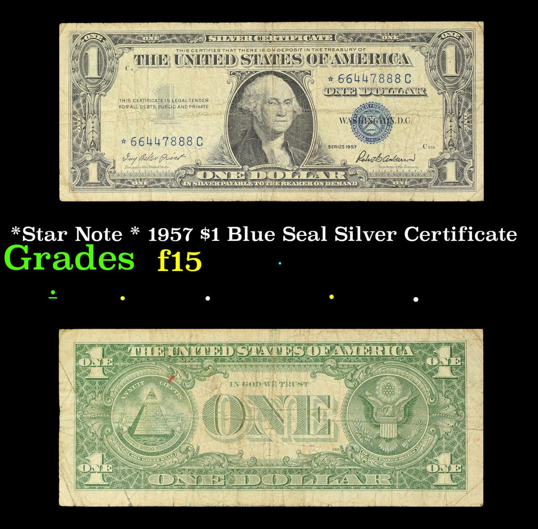 *Star Note * 1957 $1 Blue Seal Silver Certificate Grades f+: *Star Note * 1957 $1 Blue Seal Silver Certificate Grades f+. When notes are discovered that have been printed incorrectly (such as having the serial numbers upside down, etc.) the misprinted "error no