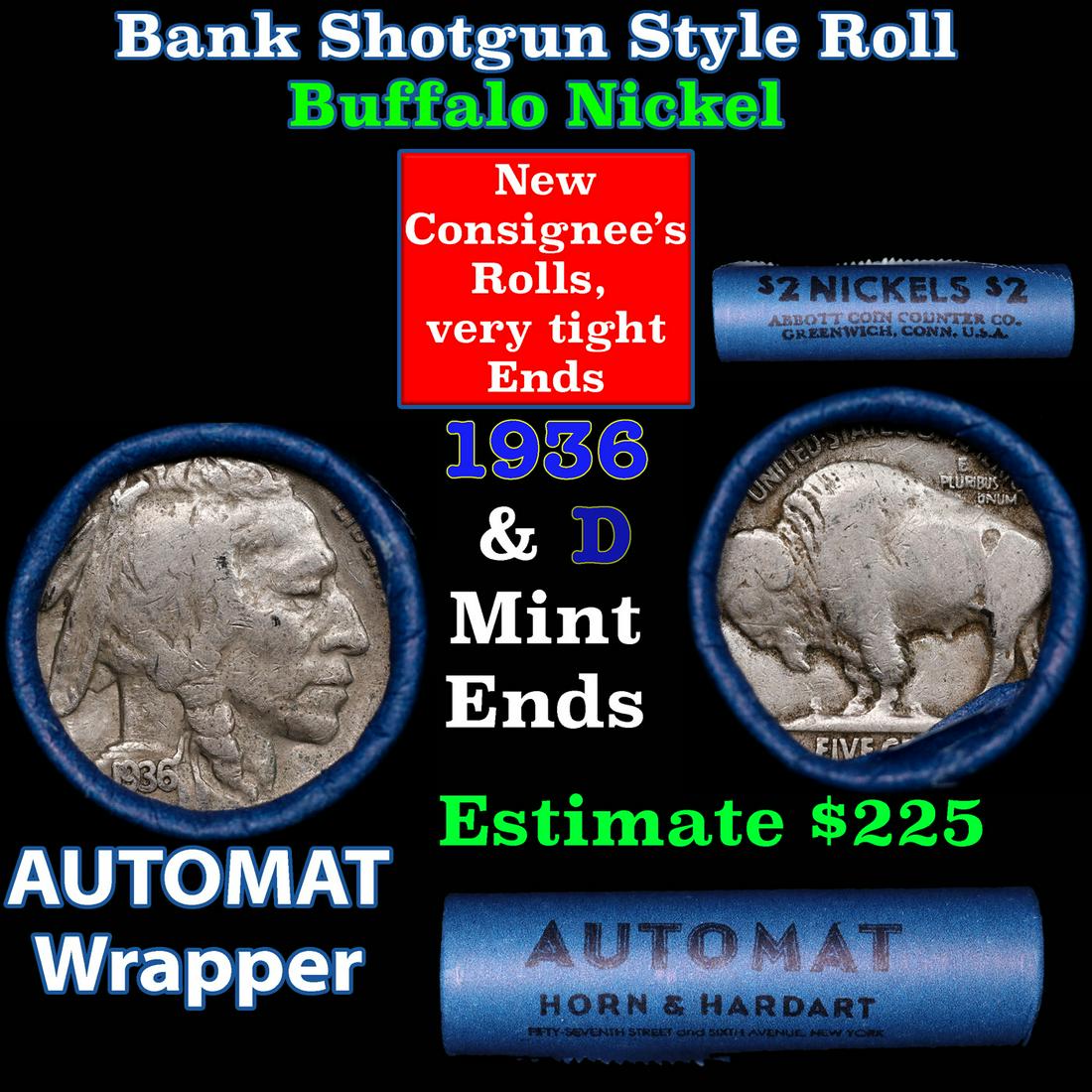 Buffalo Nickel Shotgun Roll in Old Bank Style 'Abbott Coin Counter AutoMat' Wrapper 1936 & D Mint: Buffalo Nickel Shotgun Roll in Old Bank Style 'Abbott Coin Counter AutoMat' Wrapper 1936 & D Mint Ends. The roll is held in an old, rare "Brandt Abbott Coin Counter" Bank style wrapper. They are all f