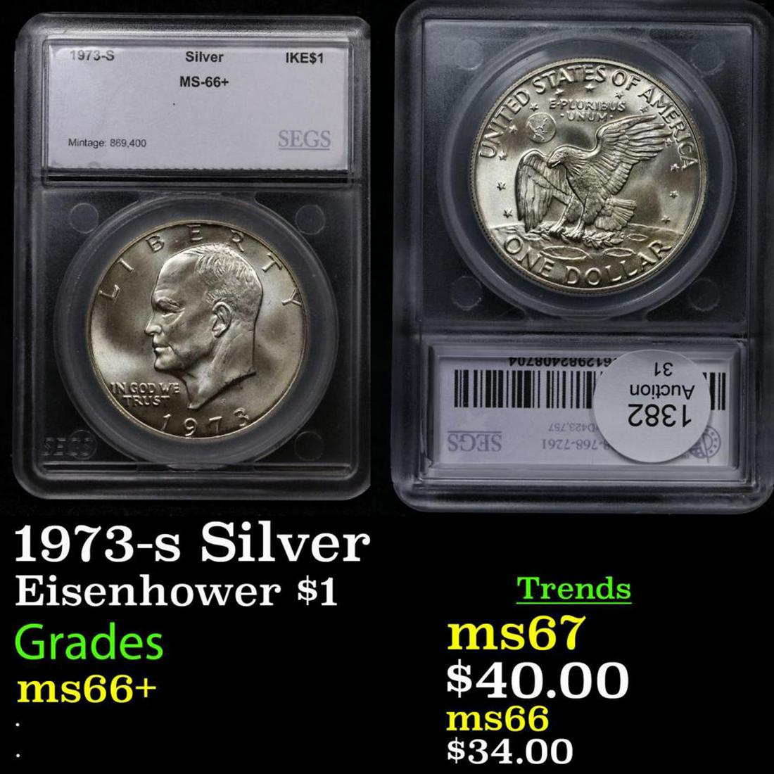 1973-s Silver Eisenhower Dollar $1 Graded ms66+ By SEGS (1 of 3)