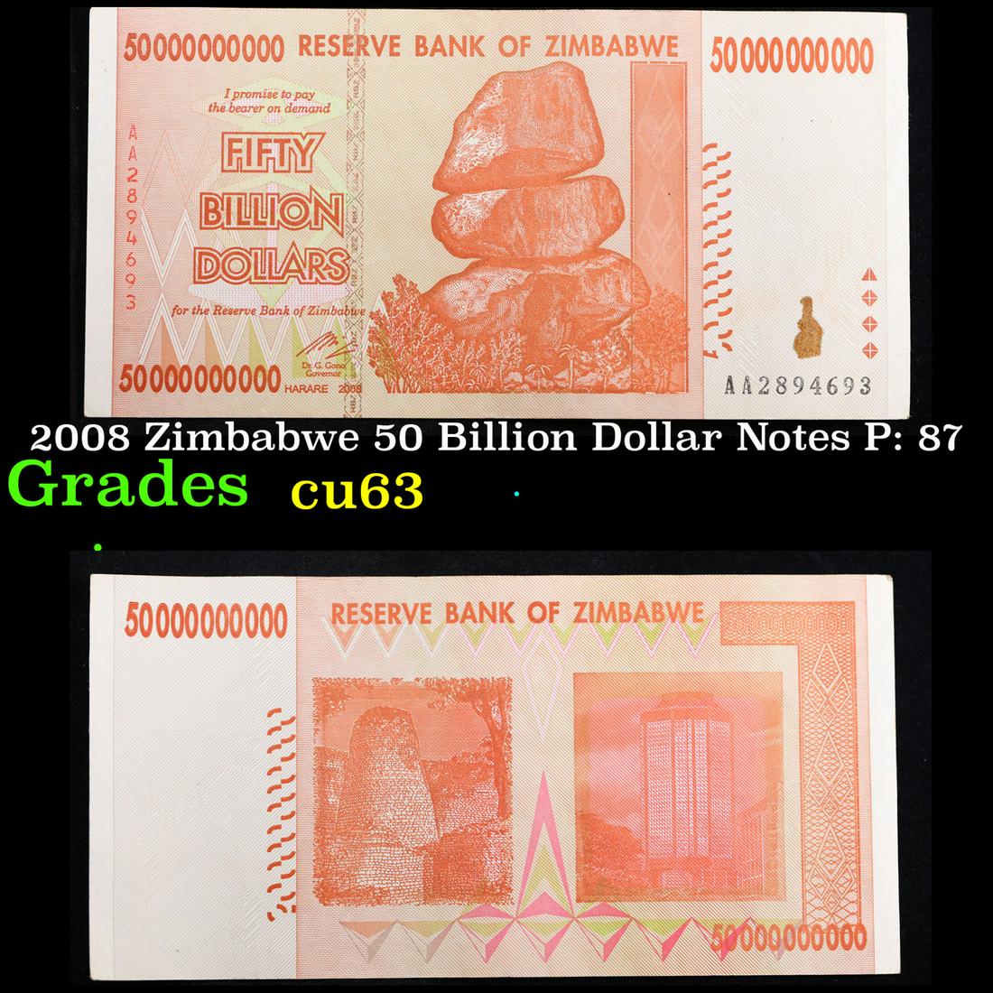 2008 Zimbabwe 50 Billion Dollar Notes P: 87 Grades Select CU (1 of 3)