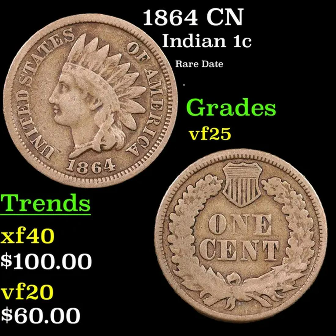 1864 CN Indian Cent 1c Grades vf+ (1 of 3)