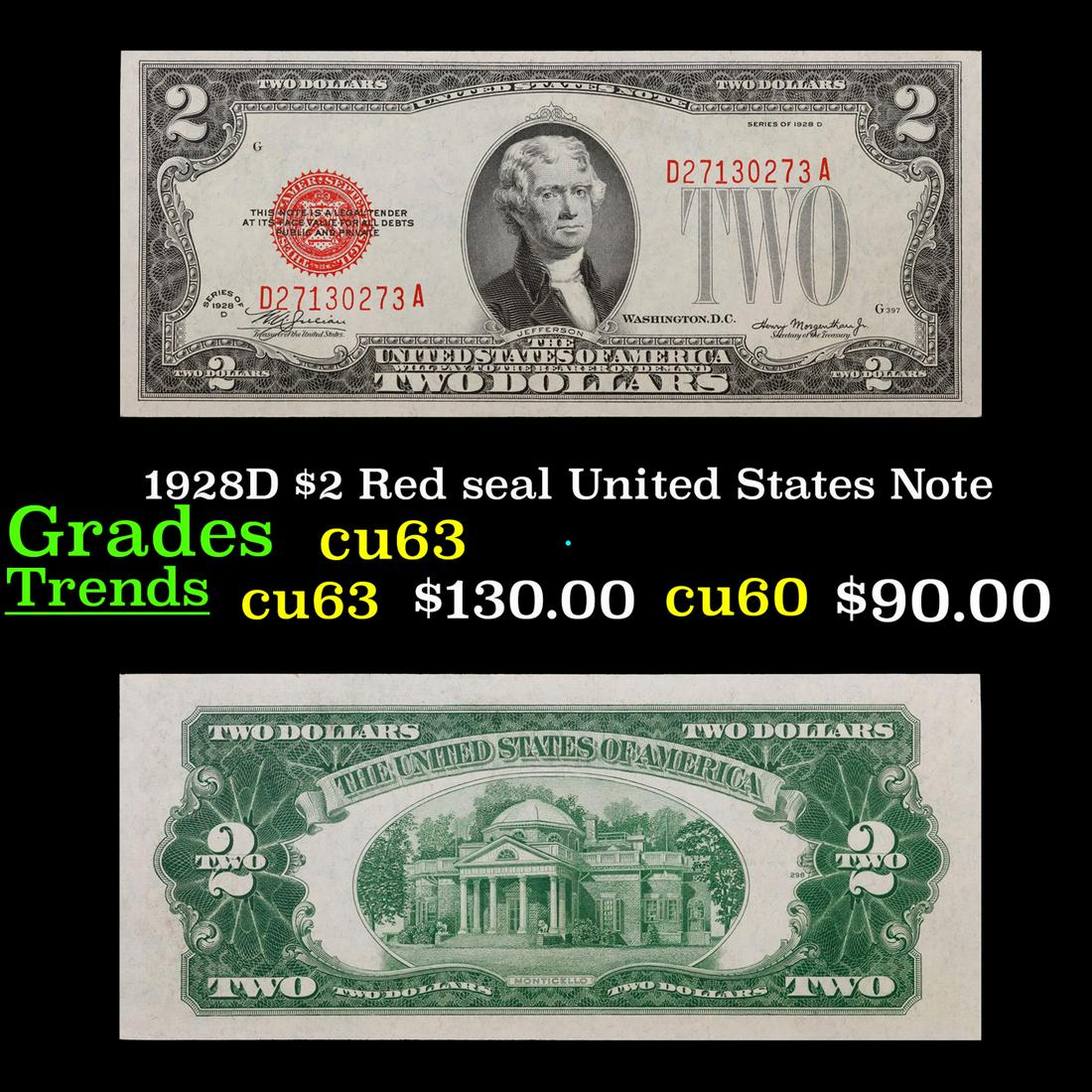 1928D $2 Red seal United States Note Grades Select CU (1 of 3)