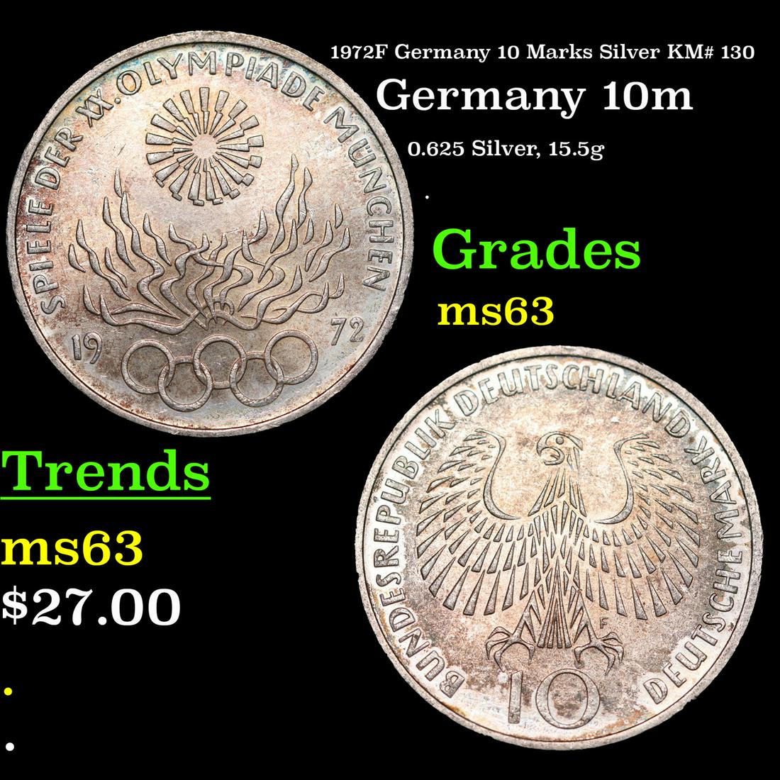 1972F Germany 10 Marks Silver KM# 130 Grades Select Unc (1 of 3)