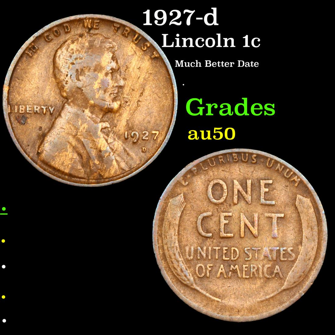 1927-d Lincoln Cent 1c Grades AU, Almost Unc (1 of 3)