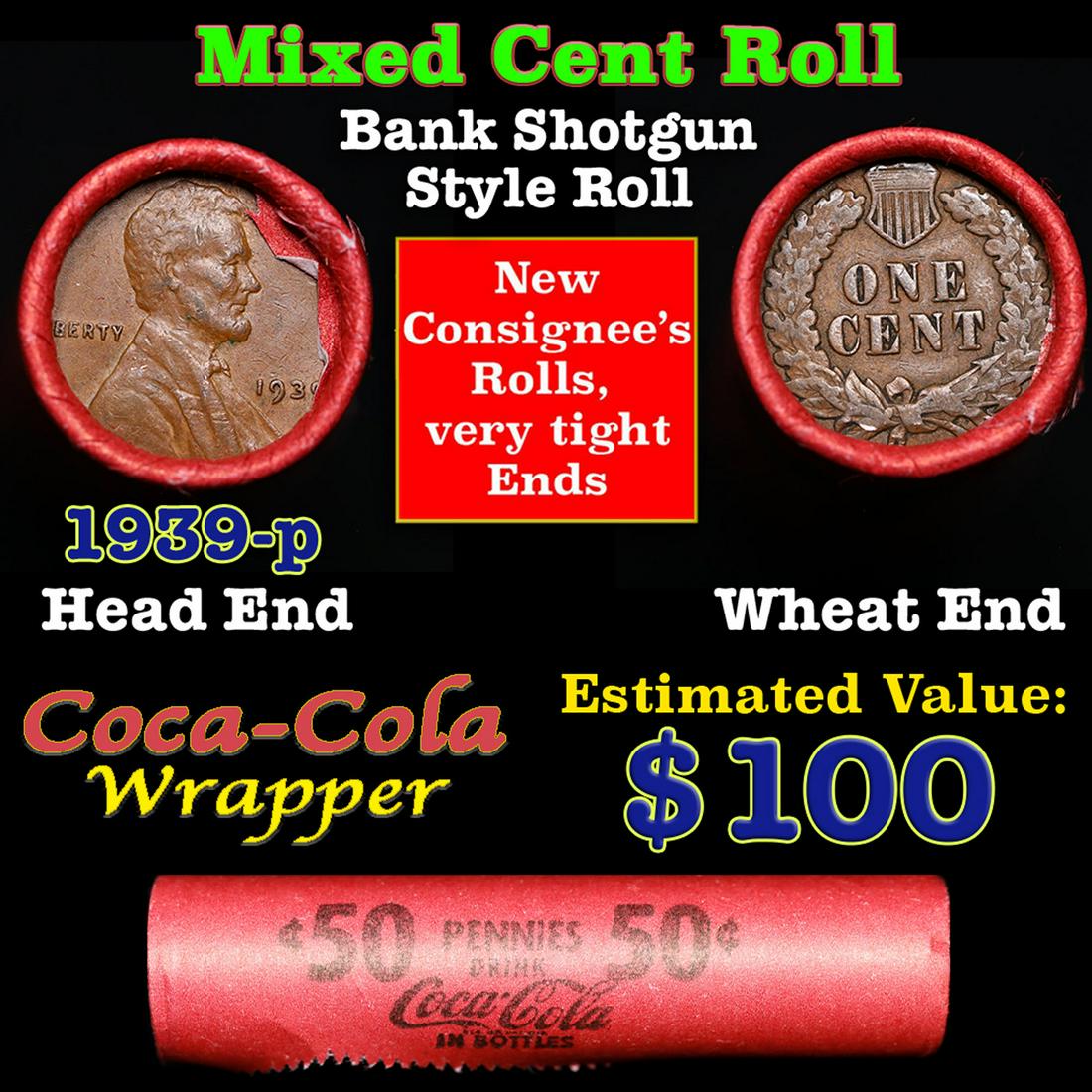 Mixed small cents 1c orig shotgun roll, 1939-p Lincoln Cent, Wheat Cent other end, Coca-Cola Brandt: Mixed small cents 1c orig shotgun roll, 1939-p Lincoln Cent, Wheat Cent other end, Coca-Cola Brandt Wrapper.. The roll is held in an old Rare & Collectable Brinks 'Only Brinks Can Open This Safe, Chic