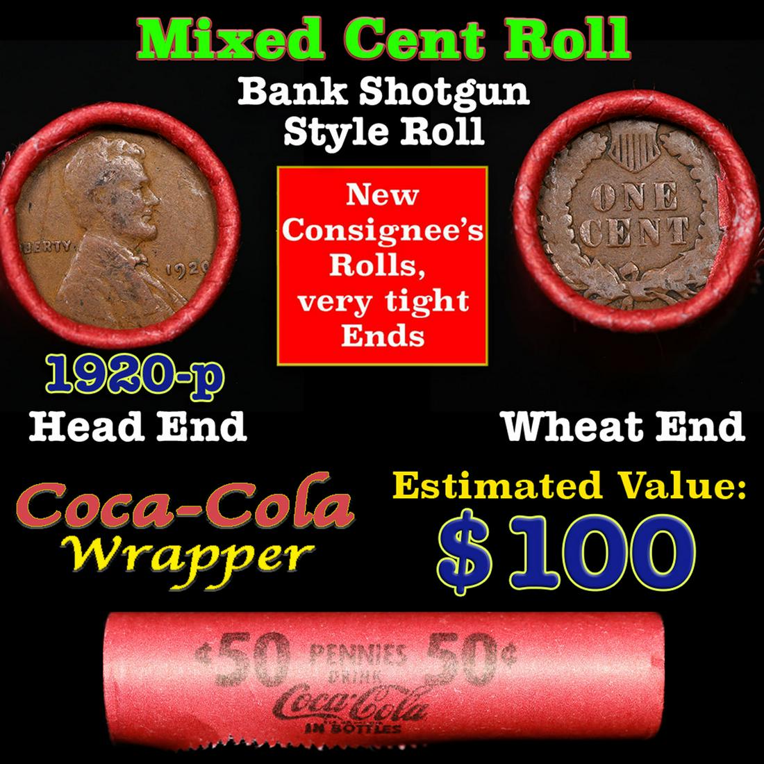 Mixed small cents 1c orig shotgun roll, 1920-p Lincoln Cent, Wheat Cent other end, Coca-Cola Brandt: Mixed small cents 1c orig shotgun roll, 1920-p Lincoln Cent, Wheat Cent other end, Coca-Cola Brandt Wrapper.. The roll is held in an old Rare & Collectable Brinks 'Only Brinks Can Open This Safe, Chic