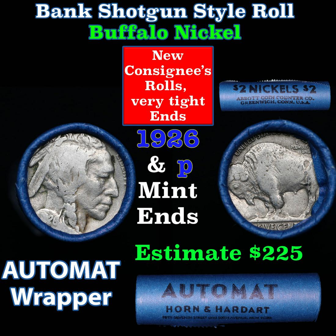 Buffalo Nickel Shotgun Roll in Old Bank Style 'Abbott Coin Counter & AutoMat' Wrapper 1926 & p Mint: Buffalo Nickel Shotgun Roll in Old Bank Style 'Abbott Coin Counter & AutoMat' Wrapper 1926 & p Mint Ends. The roll is held in an old, rare "Brandt Abbott Coin Counter" Bank style wrapper. They are all
