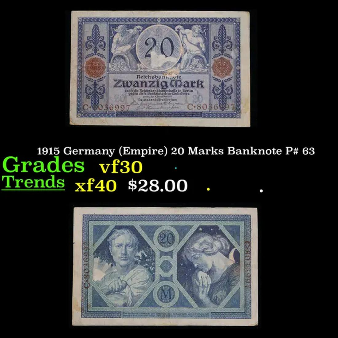 1915 Germany (Empire) 20 Marks Banknote P# 63 Grades vf++: 1915 Germany (Empire) 20 Marks Banknote P# 63 Grades vf++. In August 1914, Directly after the onset of WW1, the German Empire removed the gold backing of the mark and issued new currency. After the fa