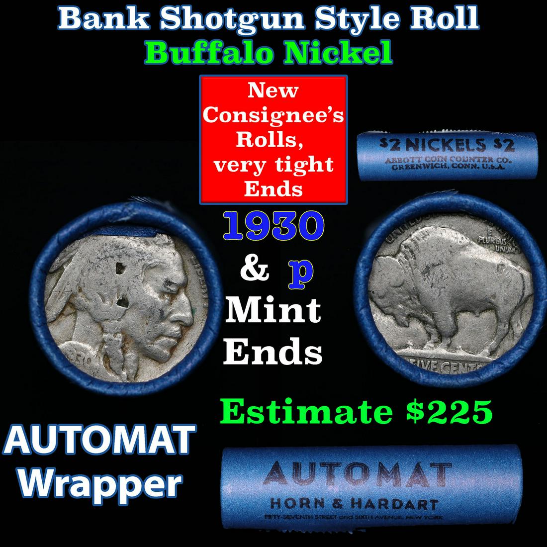 Buffalo Nickel Shotgun Roll in Old Bank Style 'Abbott Coin Counter & AutoMat' Wrapper 1930 & p Mint (1 of 3)