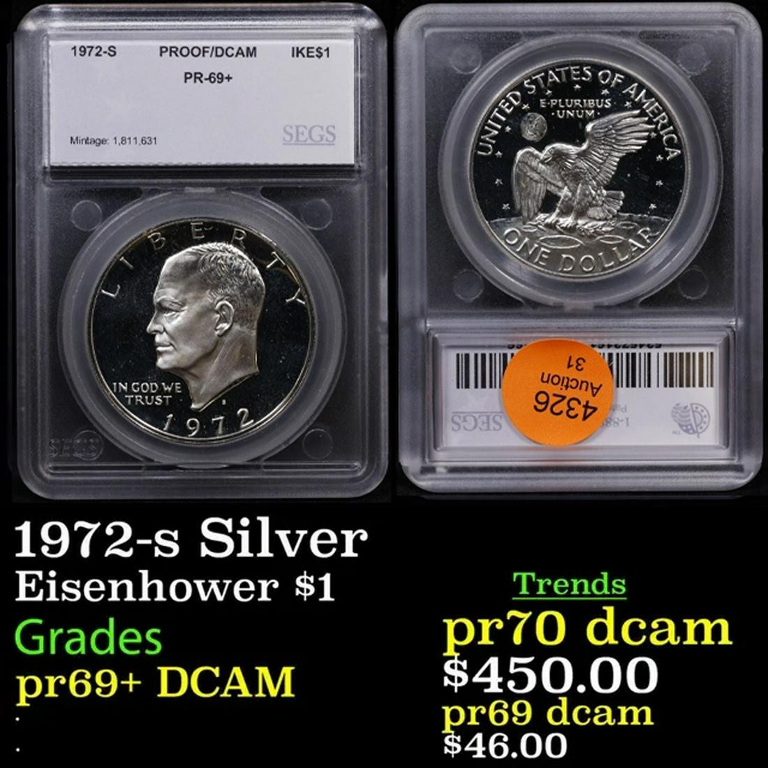 Proof 1972-s Silver Eisenhower Dollar $1 Graded pr69+ DCAM By SEGS (1 of 3)