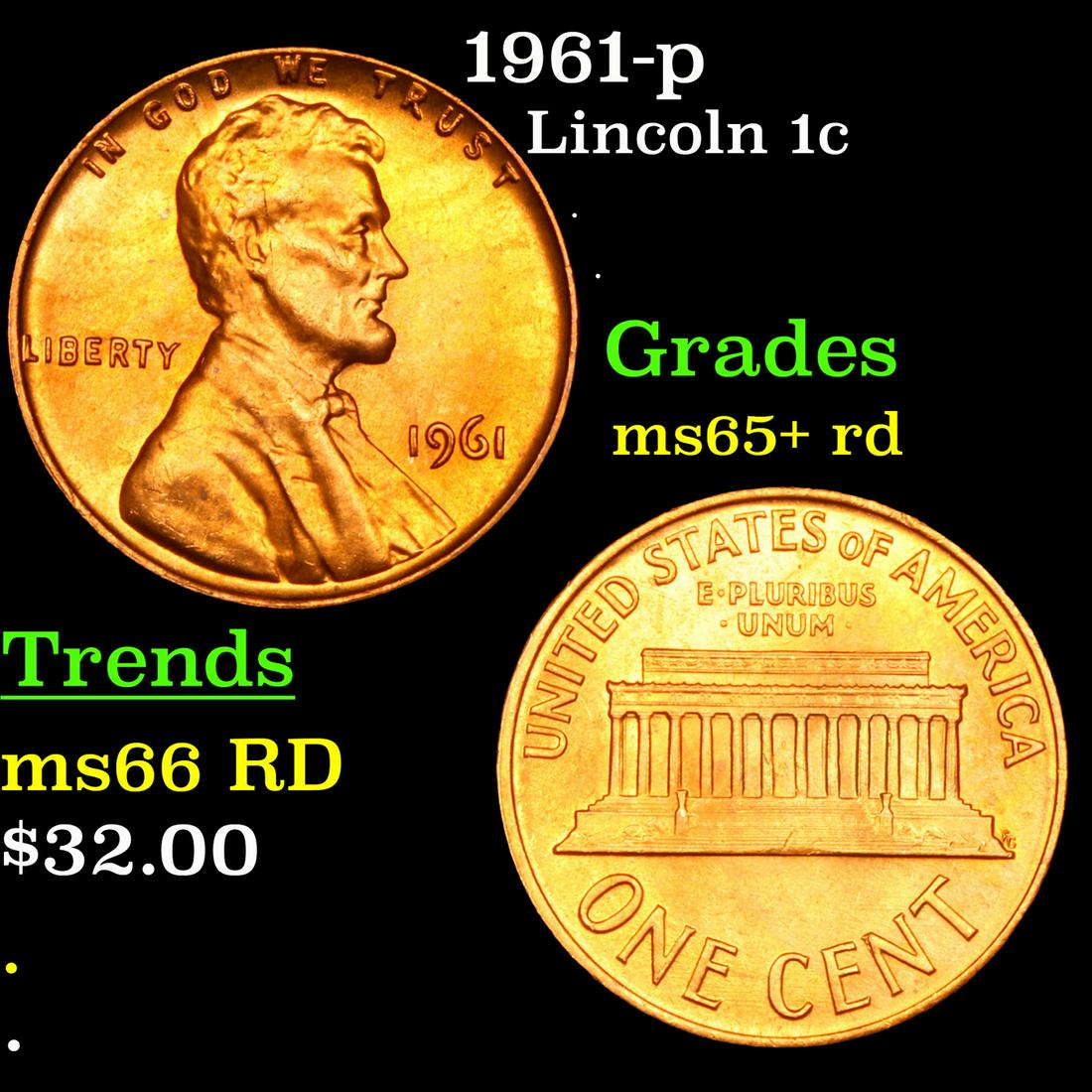 1961-p Lincoln Cent 1c Grades Gem+ Unc RD (1 of 3)