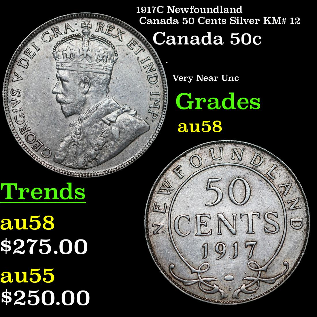 1917C Newfoundland Canada 50 Cents Silver KM# 12 Grades Choice AU/BU Slider (1 of 3)