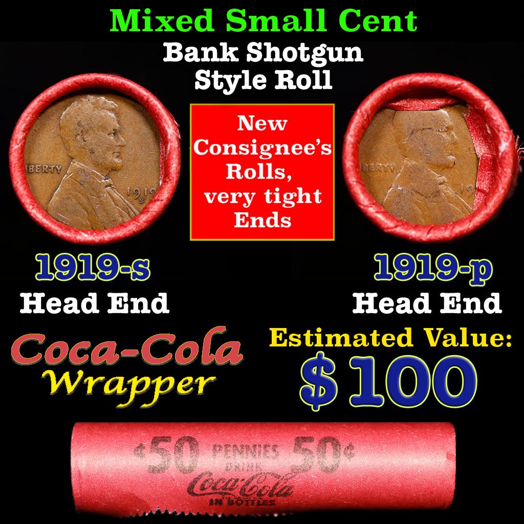 Mixed small cents 1c orig shotgun roll, 1919-s Lincoln Cent, 1919-p Lincoln Cent other end, Coca: Mixed small cents 1c orig shotgun roll, 1919-s Lincoln Cent, 1919-p Lincoln Cent other end, Coca Cola Brandt Wrapper.. The roll is held in an old Rare & Collectable Brinks 'Only Brinks Can Open This S