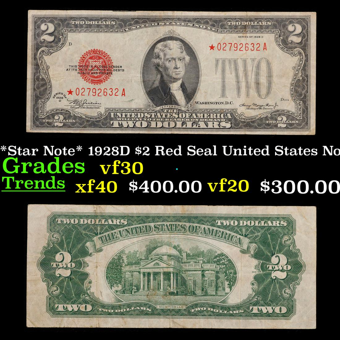 *Star Note* 1928D $2 Red Seal United States Note Grades vf++ (1 of 3)
